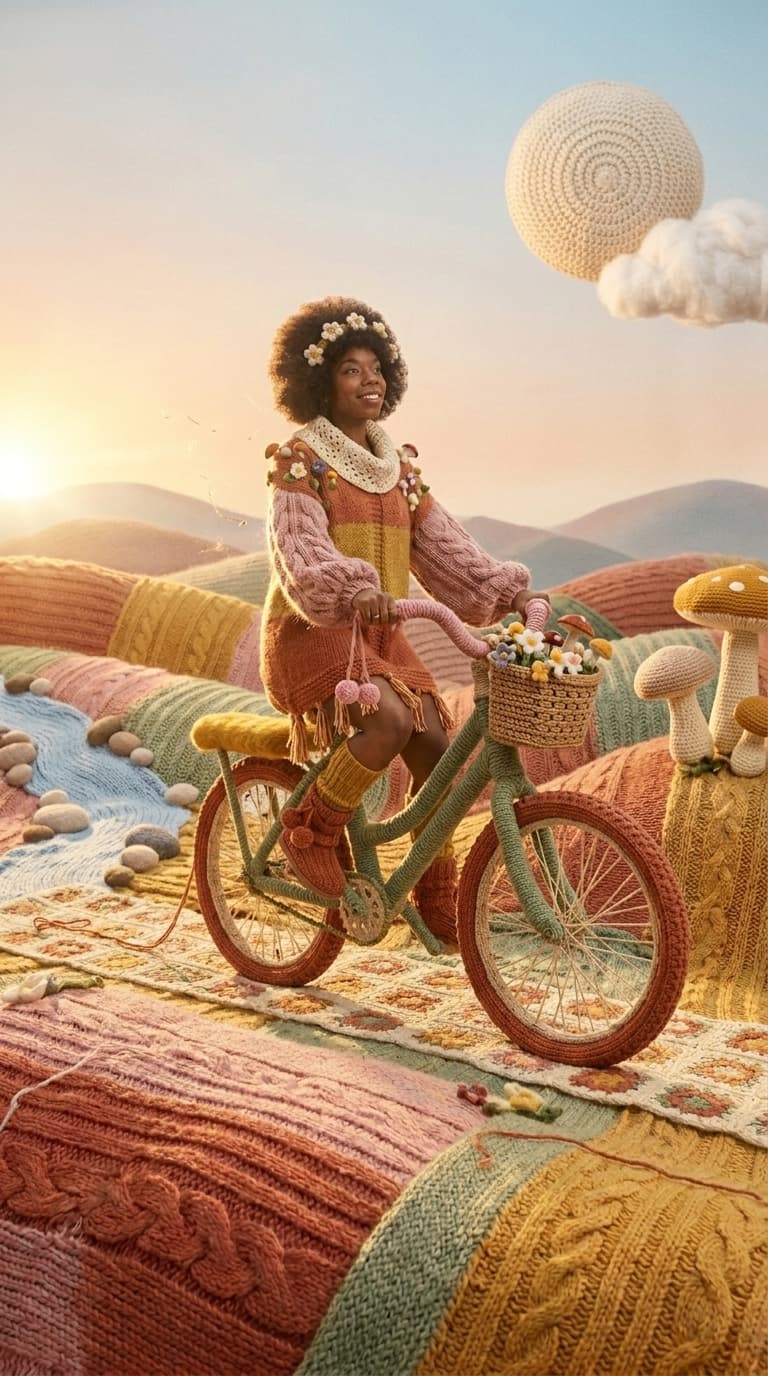 Woman riding a bicycle made of wool past crocheted mushrooms, made with Nano Banana Pro