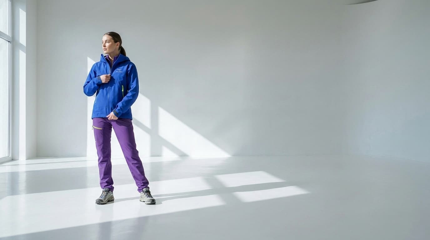 Woman in a royal-blue shell jacket and purple trousers standing in a white studio, made with Nano Banana Pro