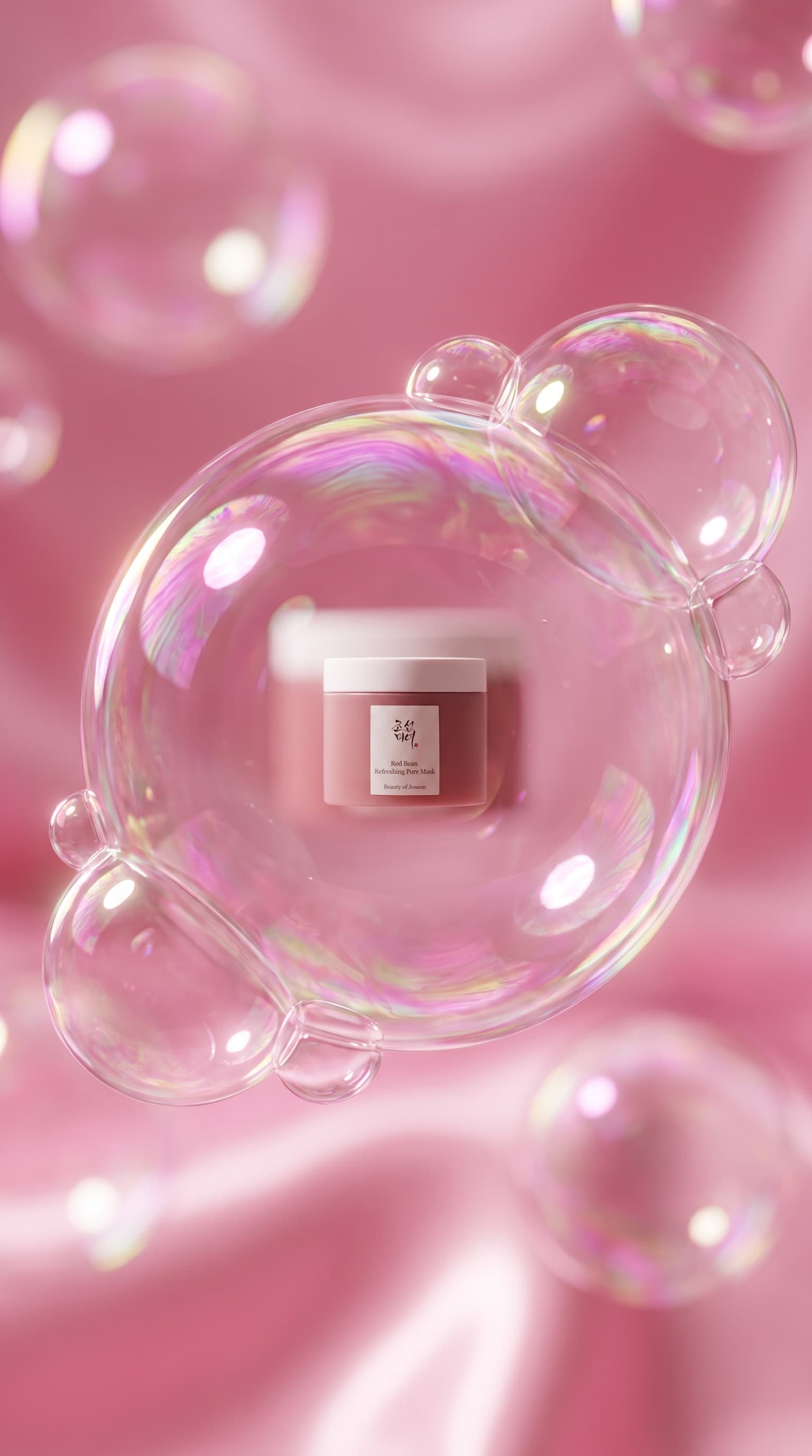 Pink skincare jar inside an iridescent soap bubble on a pink satin background, made with Nano Banana Pro