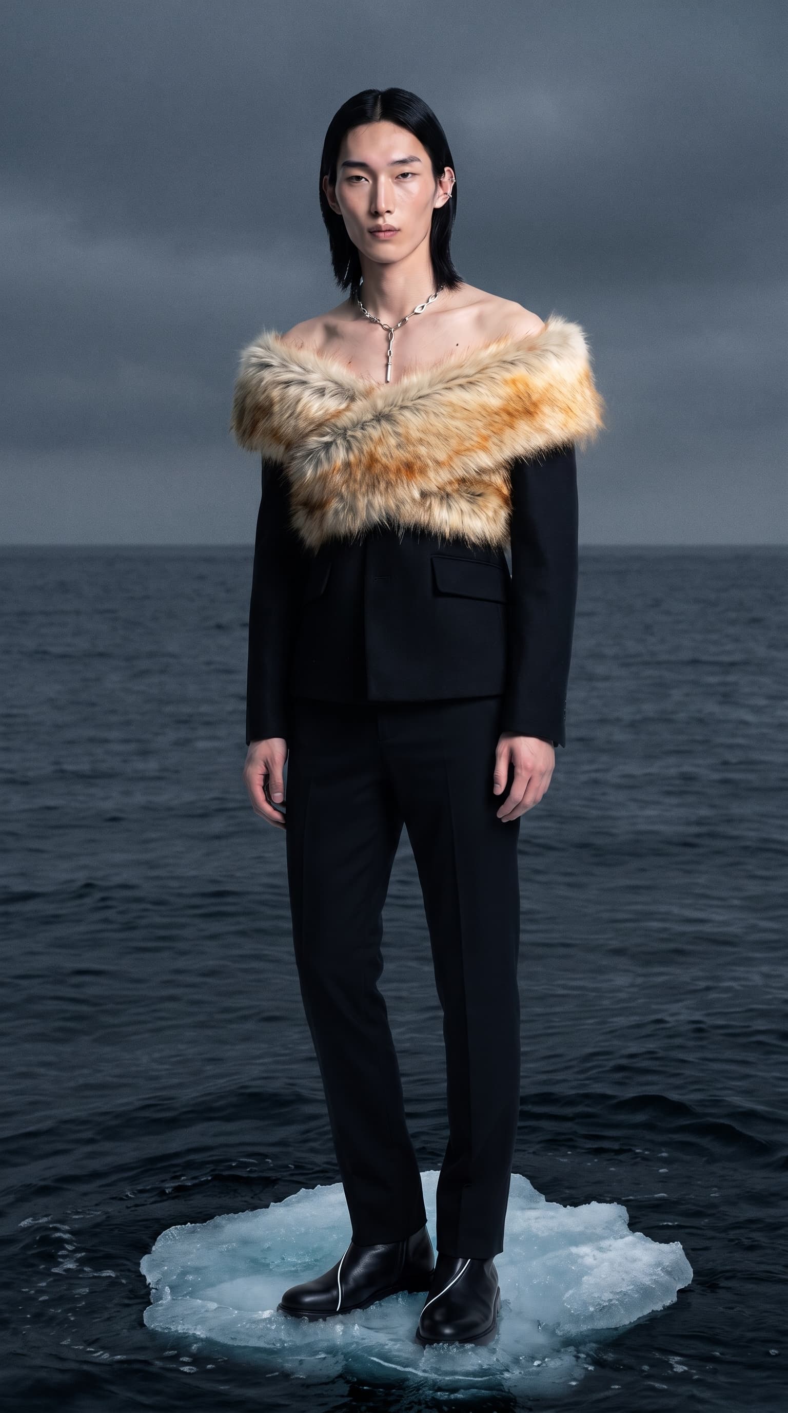 Man in fur and black tailoring standing on an ice floe, filling almost the whole frame, made with Nano Banana Pro