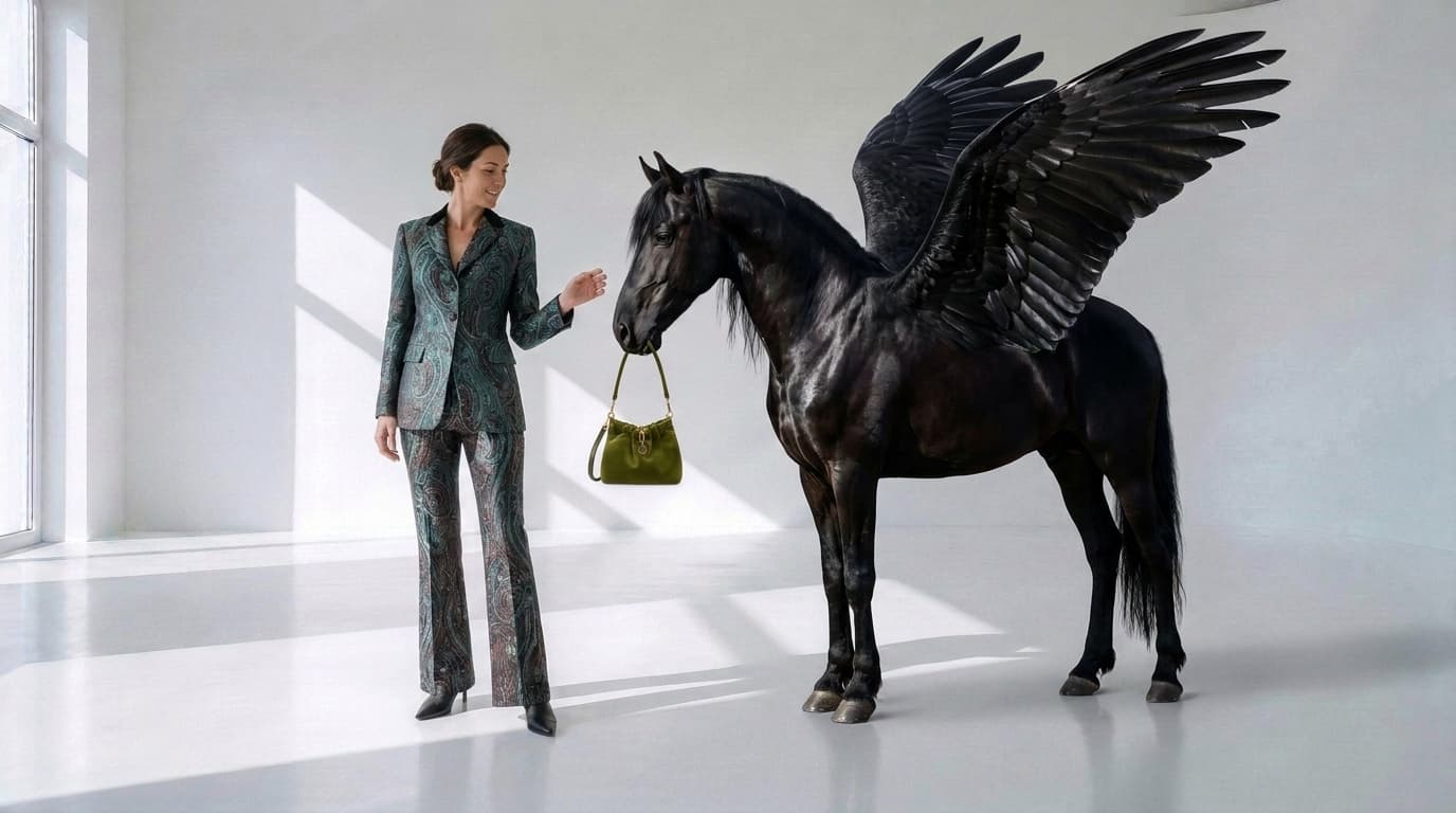 Black winged horse handing an olive velvet bag to a woman in a paisley suit, made with Nano Banana Pro