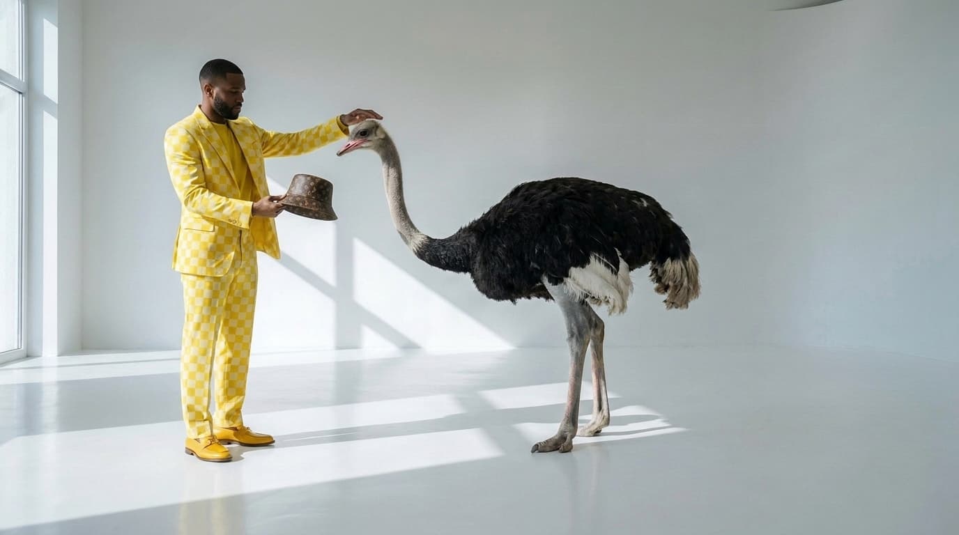 Ostrich lowering its neck to hand a hat to a man in a yellow check suit, made with Nano Banana Pro