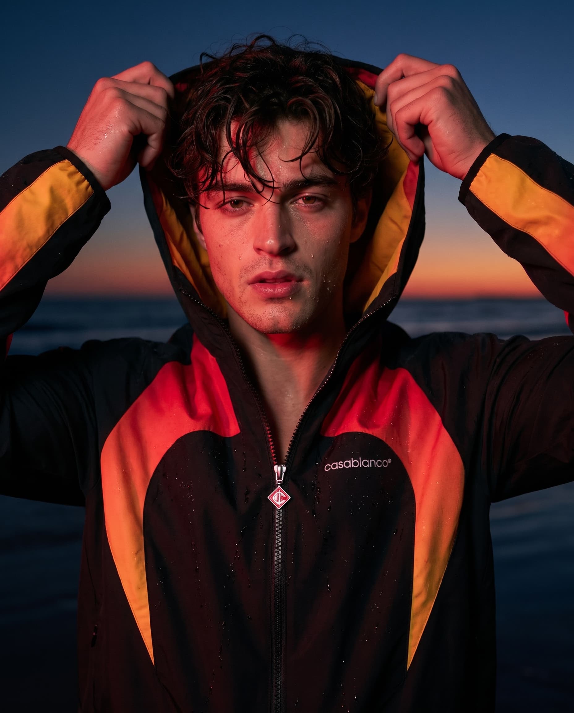 Close-up of a young man with wet curls holding up the hood of a flame-panel jacket on a shoreline after sunset, made with Nano Banana Pro