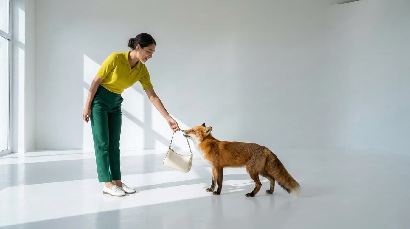 Red fox holding up a cream handbag in its mouth to a woman in a chartreuse polo, made with Nano Banana Pro