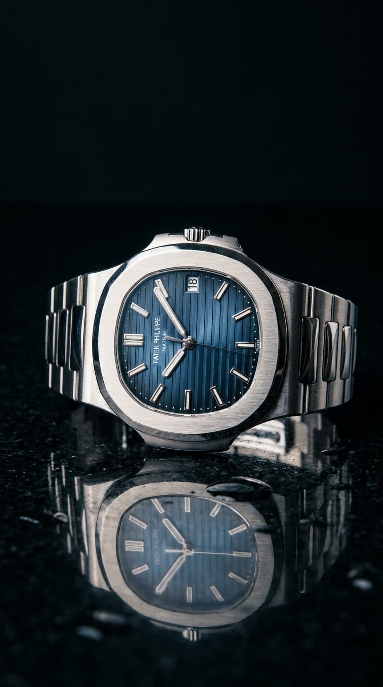 A luxury watch on a dark reflective surface in a plain studio shot, made with Nano Banana Pro
