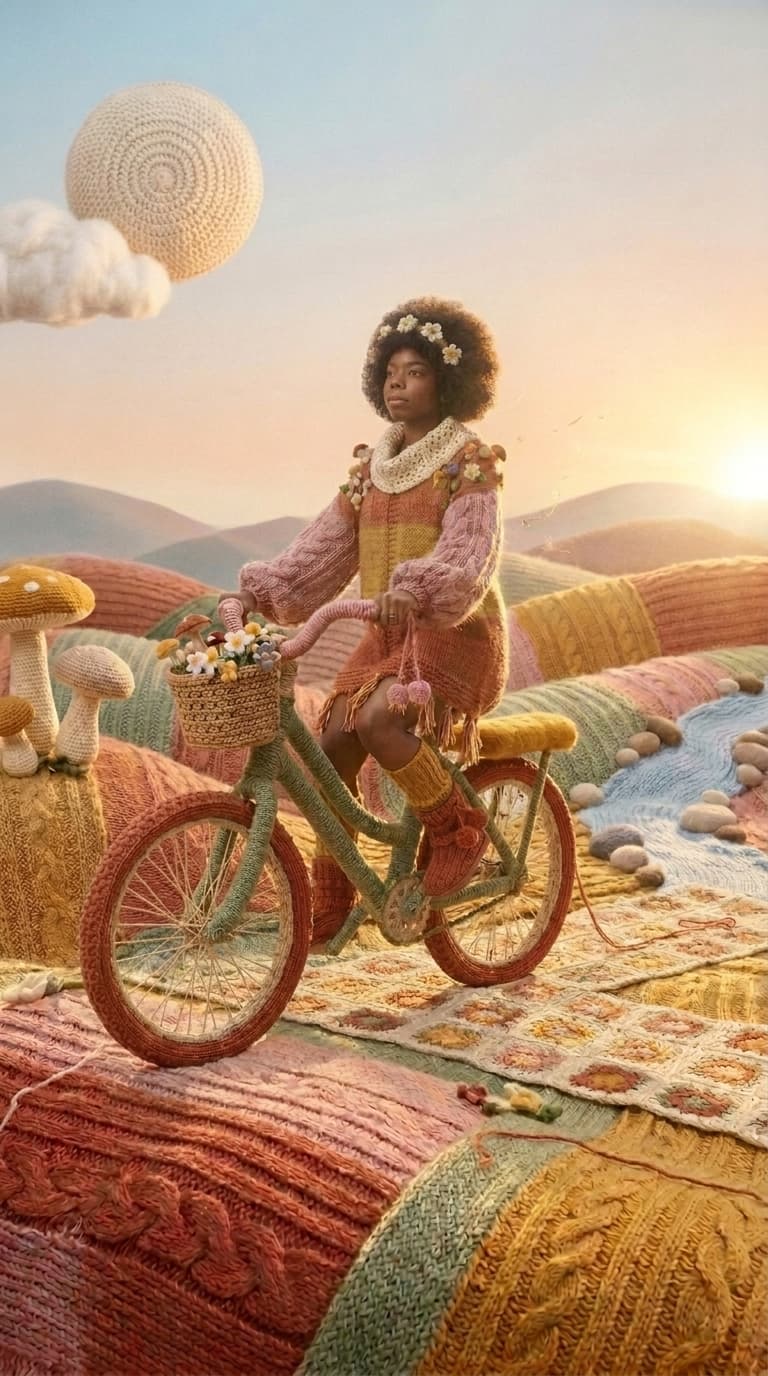 Woman on the wool bike with a calm, focused expression, made with Nano Banana Pro