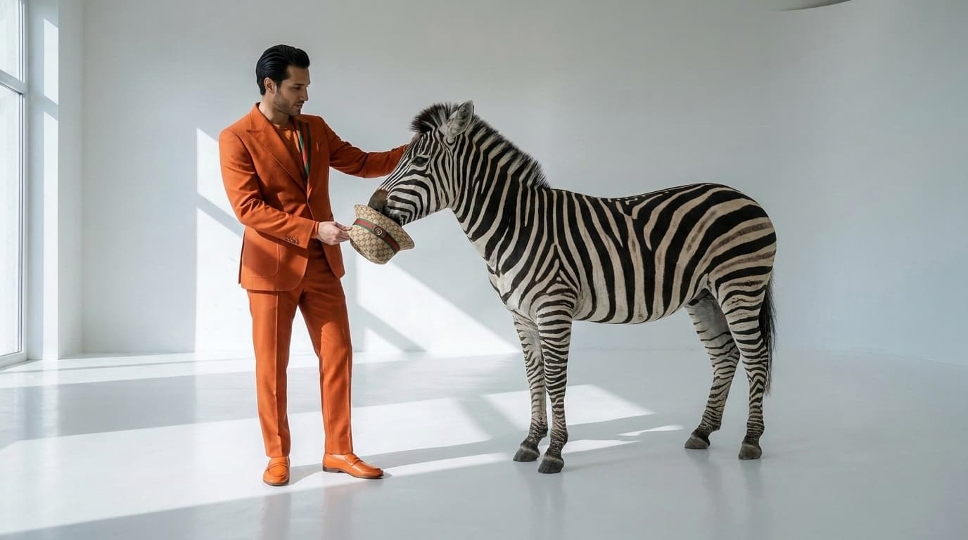 Zebra facing a man in an orange suit who holds a beige GG bucket hat, made with Nano Banana Pro