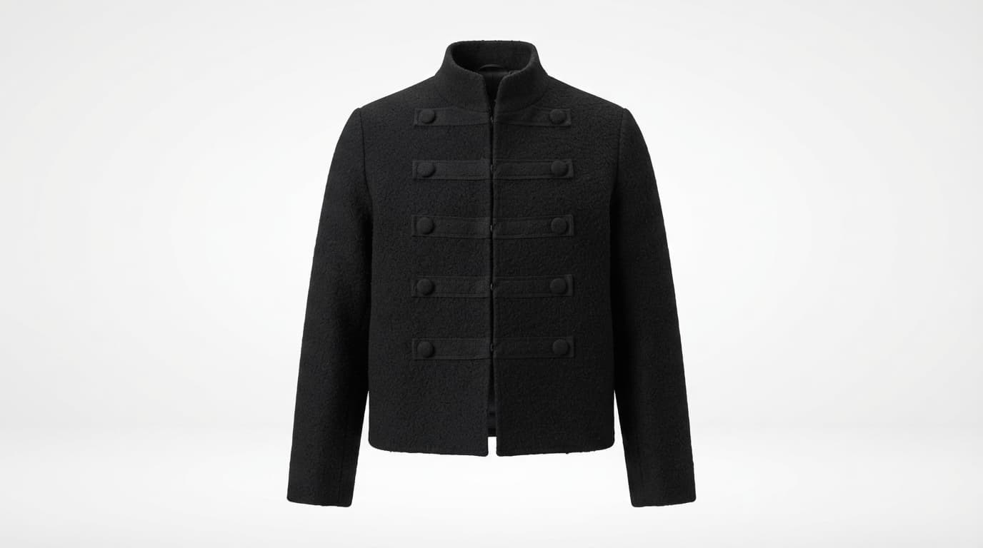 Black wool military jacket with five rows of frogging on a white background, made with Nano Banana 2 Lite