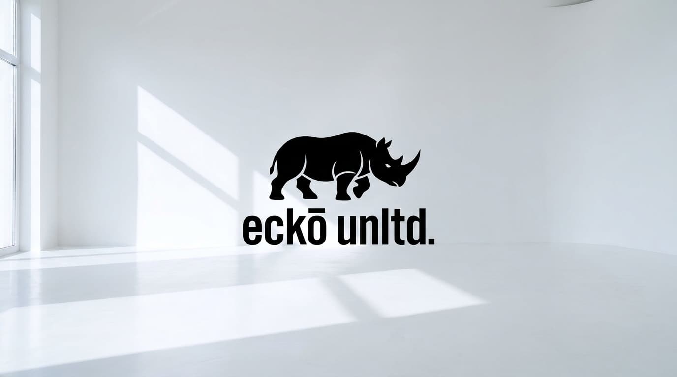 Black charging rhino logo with a wordmark in an empty white studio, made with Nano Banana Pro