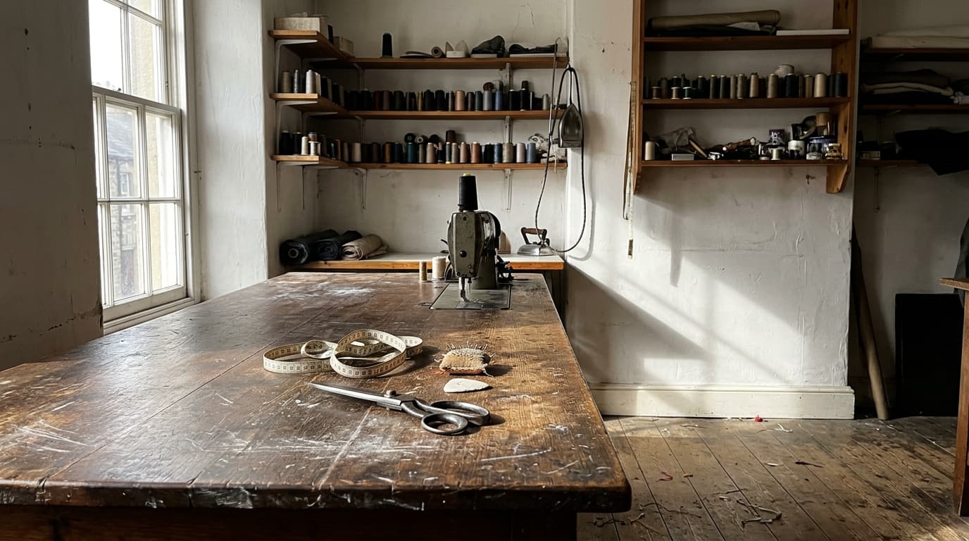 Empty tailor's workroom with a worn table, shears, a sewing machine and window light, made with Nano Banana 2.1
