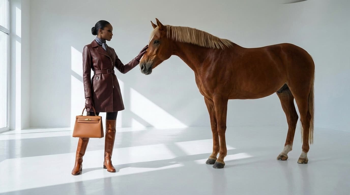 Woman holding a tan top-handle bag and stroking the muzzle of a chestnut horse, made with Nano Banana Pro