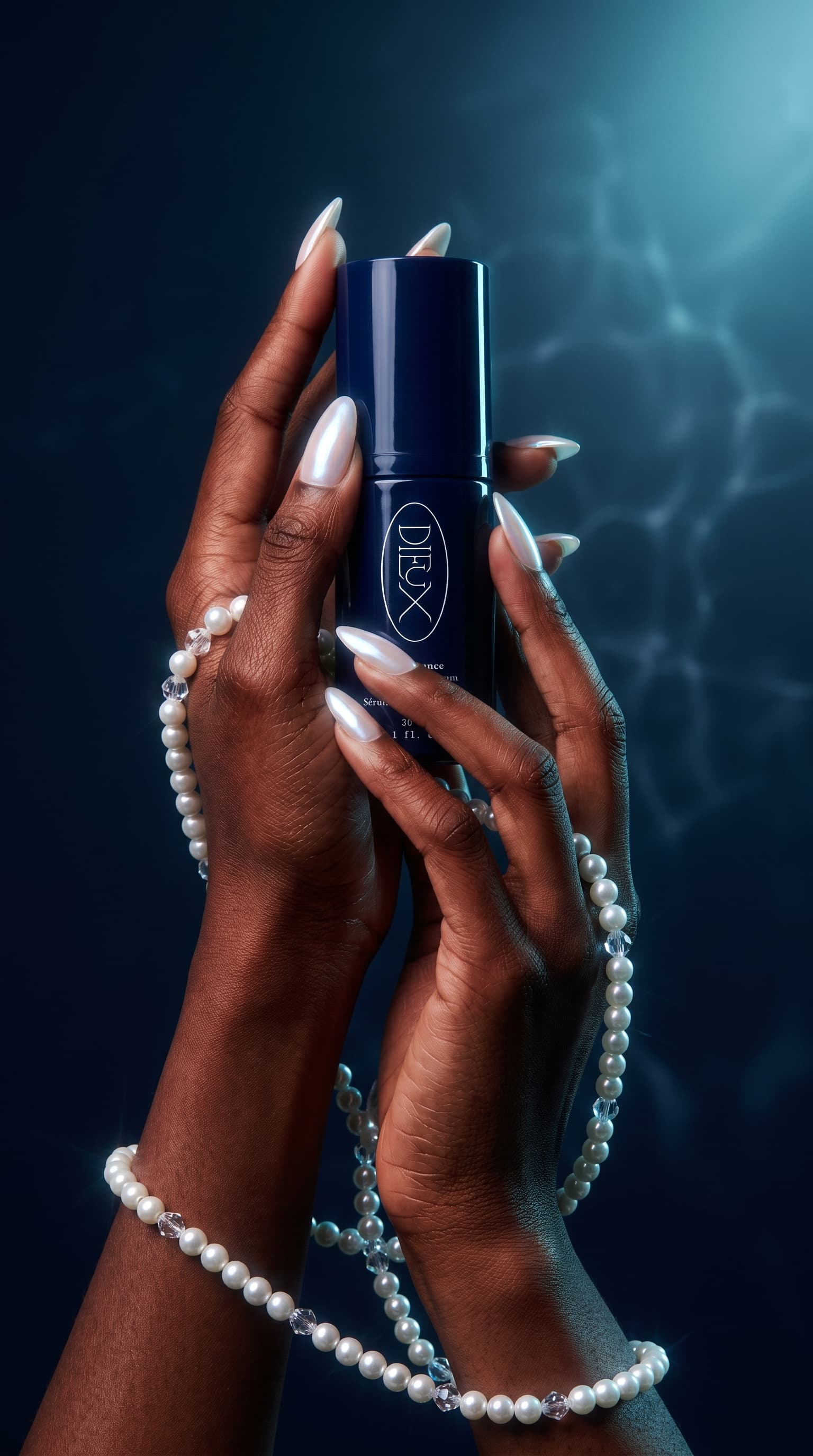 Hands with pearly nails and a pearl strand holding a navy serum bottle in cool blue night light, made with Nano Banana Pro