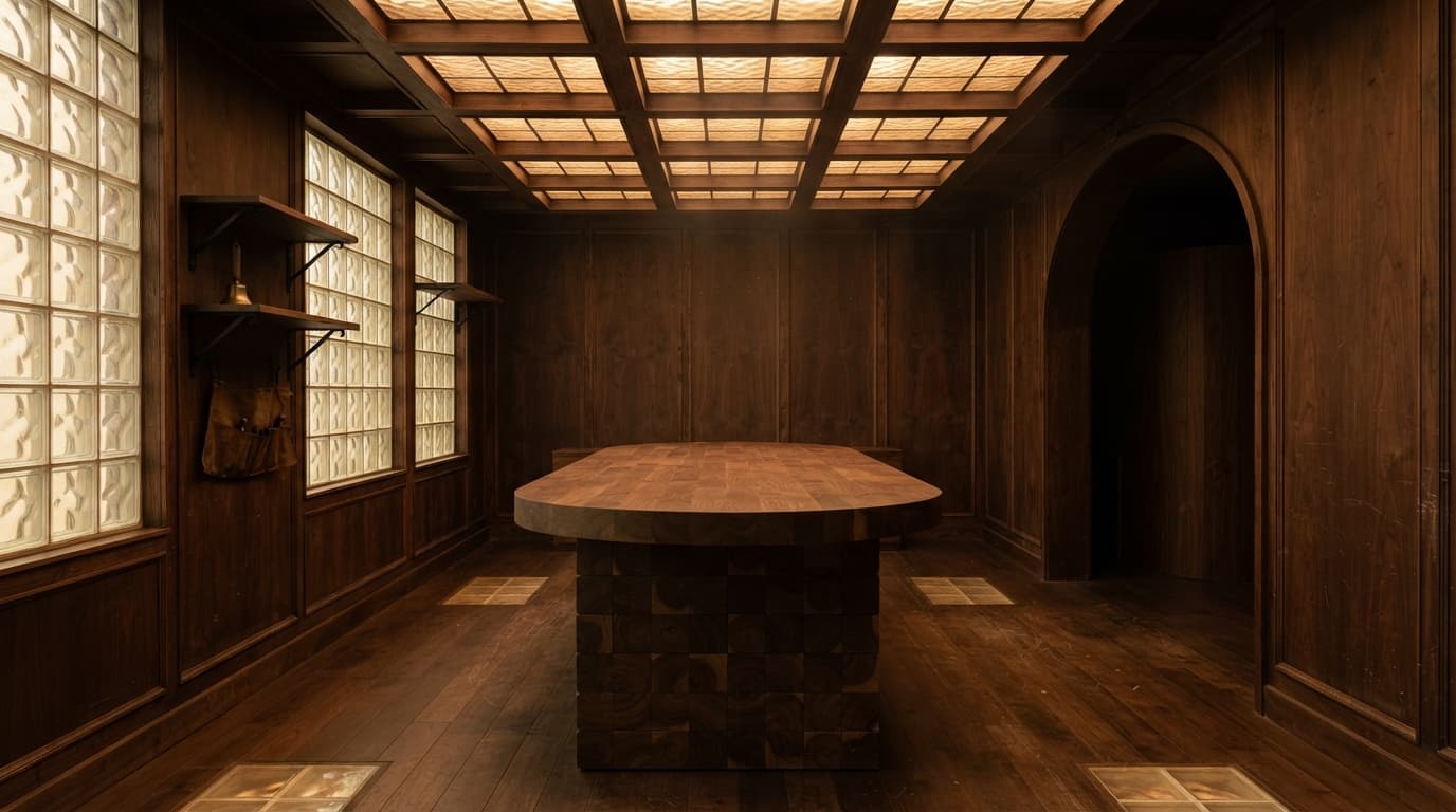 Empty dark walnut workroom with a glowing glass-block ceiling and an oval table, made with Nano Banana 2 Lite