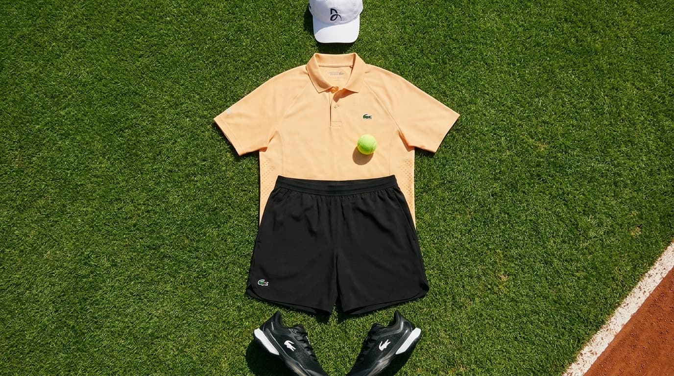 A tennis outfit, cap and shoes laid out flat on grass, made with Nano Banana Pro