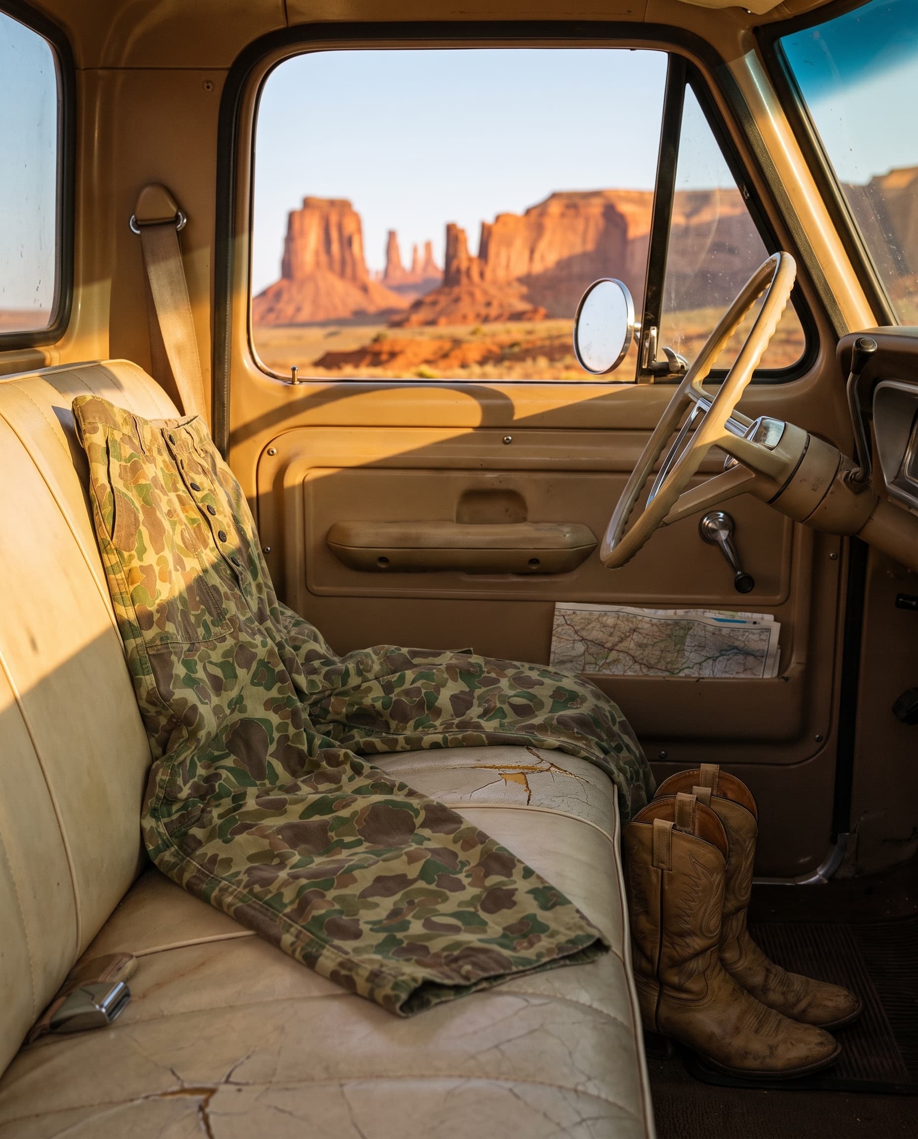 Camo fatigue pants folded on the bench seat of a vintage pickup with red desert buttes through the window, made with Nano Banana Pro
