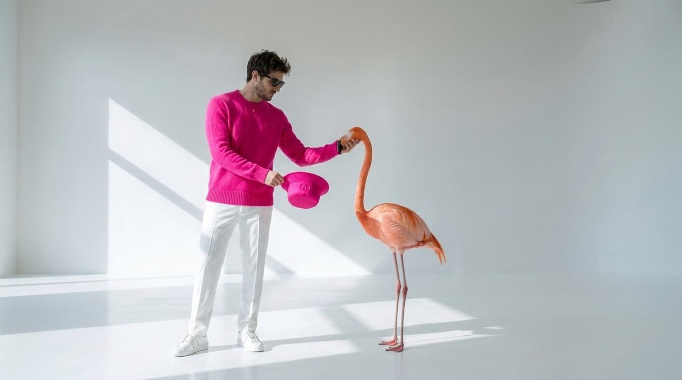 Wide shot of a man in pink taking a pink bucket hat from a flamingo, made with Nano Banana Pro