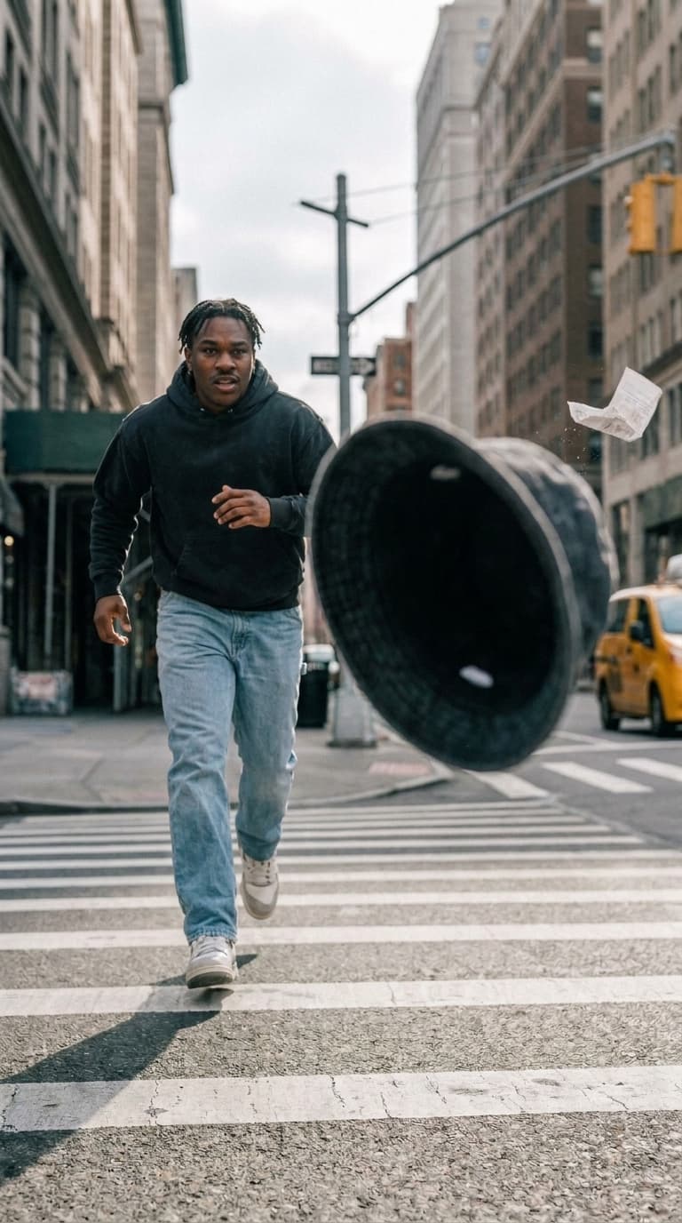 Runner on an overcast street with an oversized bucket hat floating beside him, made with Nano Banana Pro