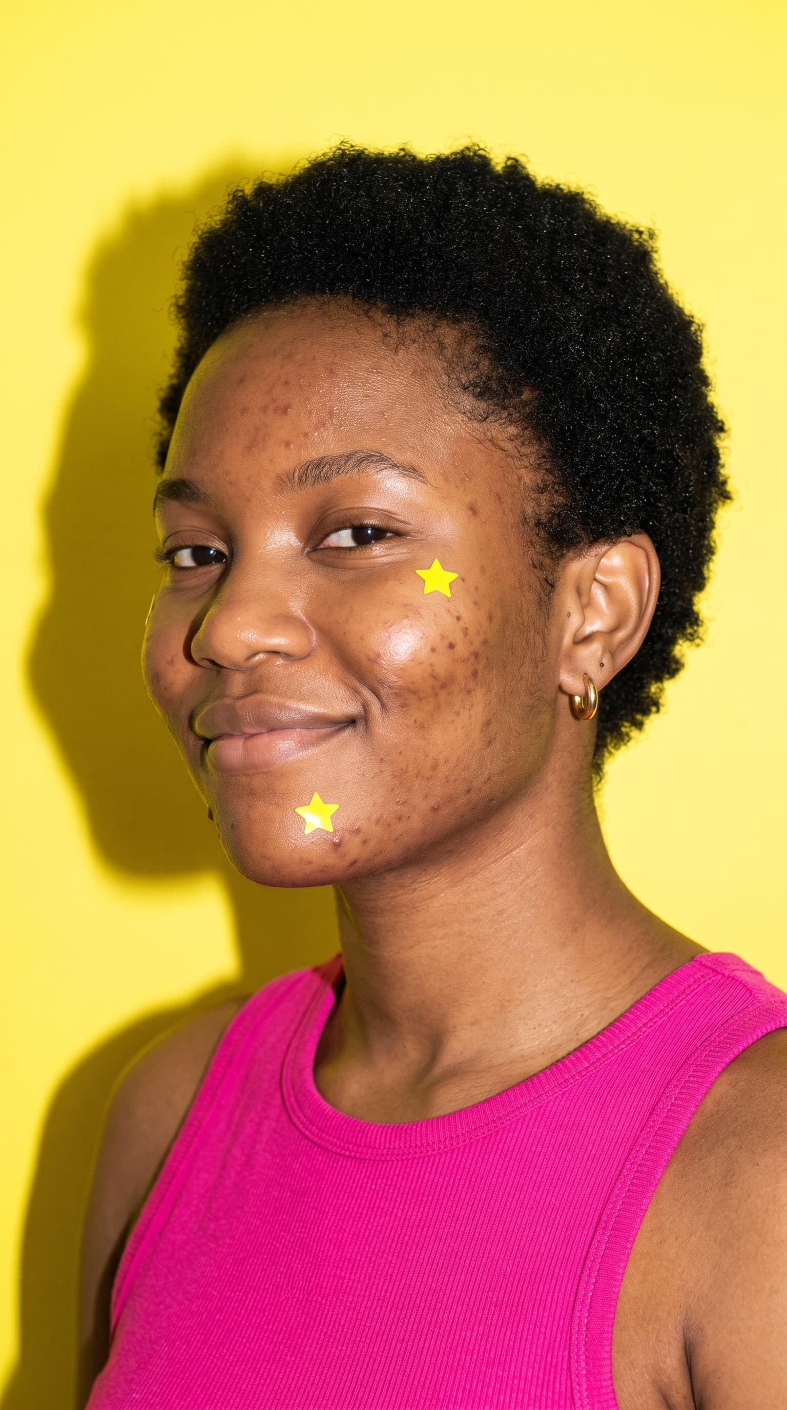Woman wearing two yellow Starface stars on her cheek and chin against a yellow background, made with Nano Banana Pro