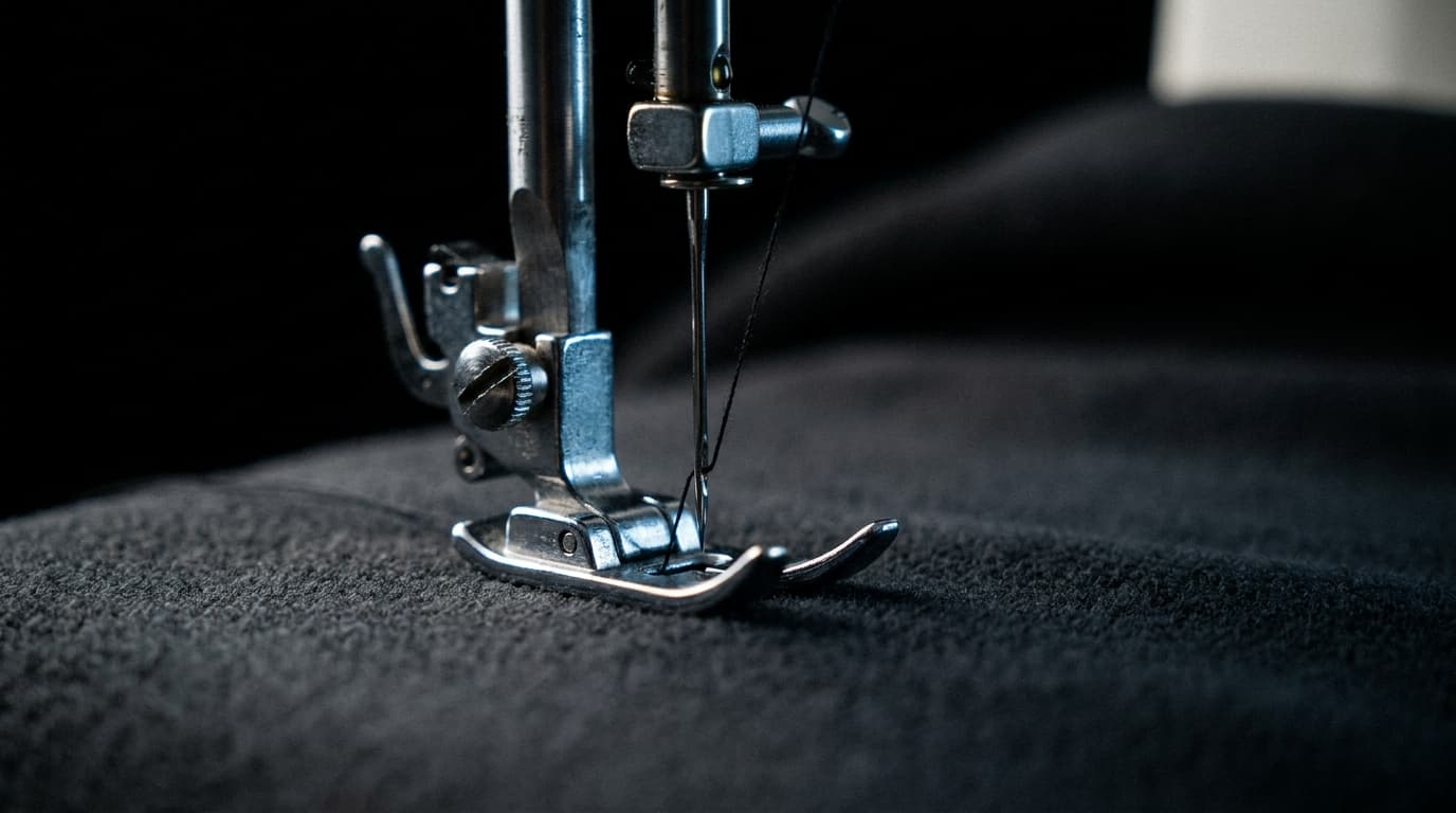 Sewing machine needle and presser foot on black fleece in a dark void, made with Nano Banana Pro