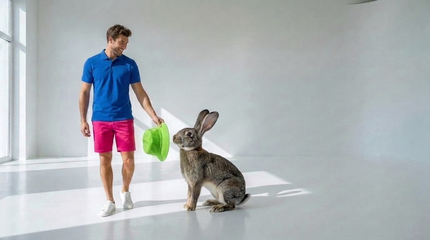 Man gripping a lime-green bucket hat held by a large rabbit, made with Nano Banana Pro