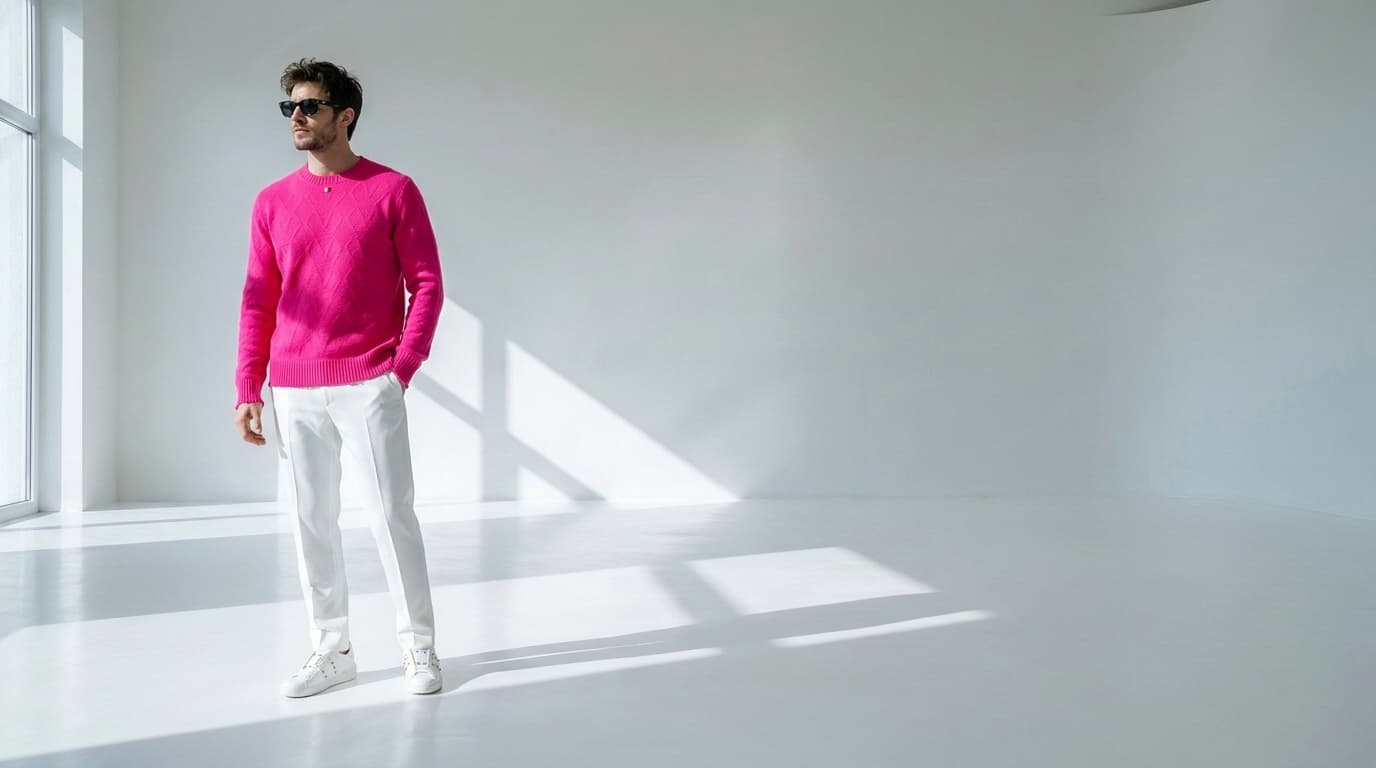 Man in a hot-pink sweater, white trousers and sunglasses posing in a white studio, made with Nano Banana Pro