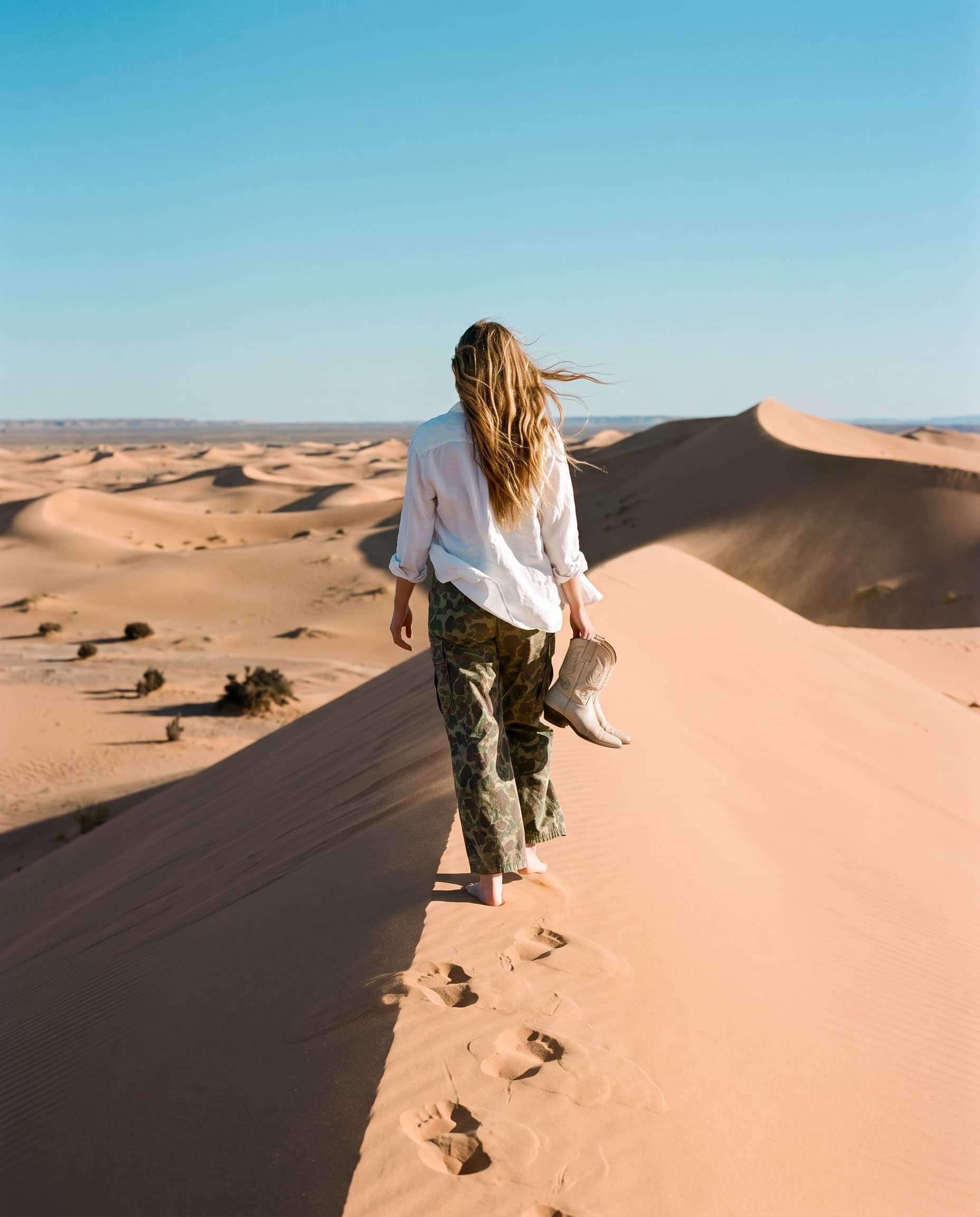 Woman in camo pants walking barefoot along a sand dune ridge carrying white cowboy boots, made with Nano Banana Pro