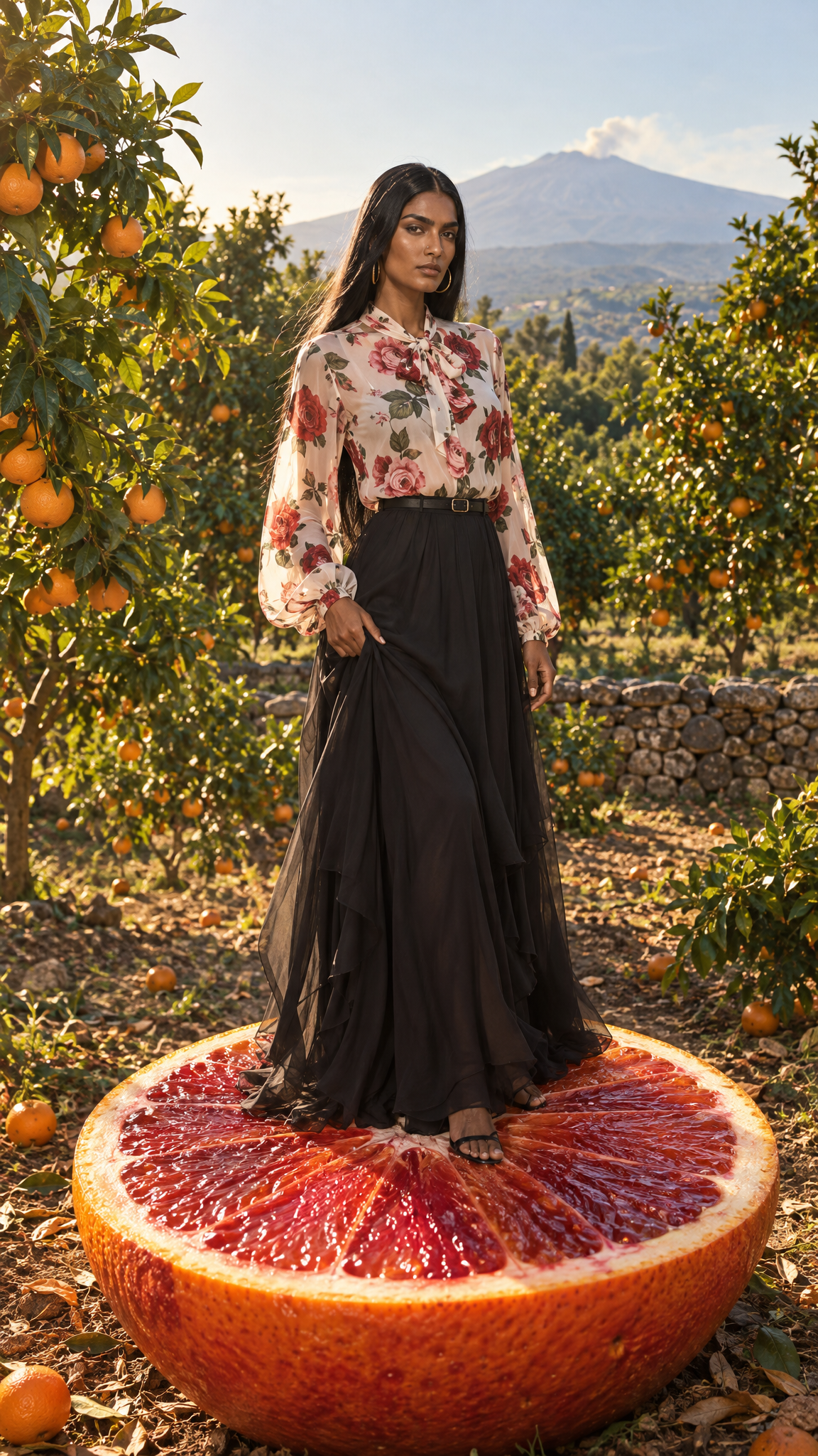 Same blood orange scene with natural matte skin and a softer grade, made with GPT Image 2.5 Sunburst