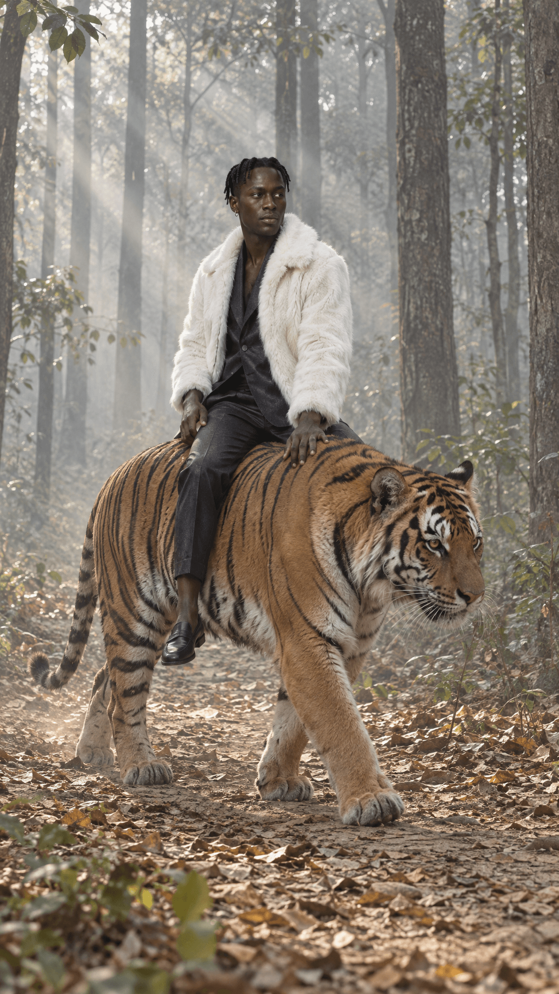 Man with twists riding a tiger that walks toward frame-right, made with GPT Image 2.5 Sunburst