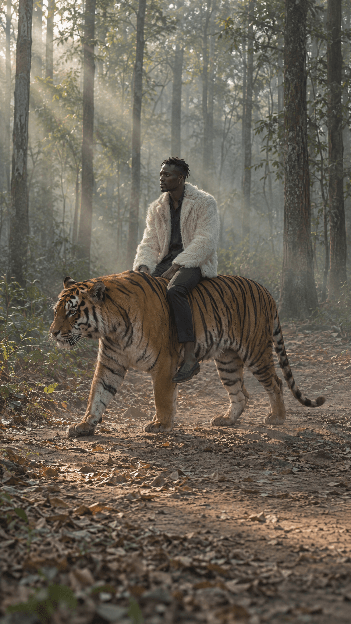 Same man riding the tiger walking toward frame-left in a beam of light, made with GPT Image 2.5 Sunburst