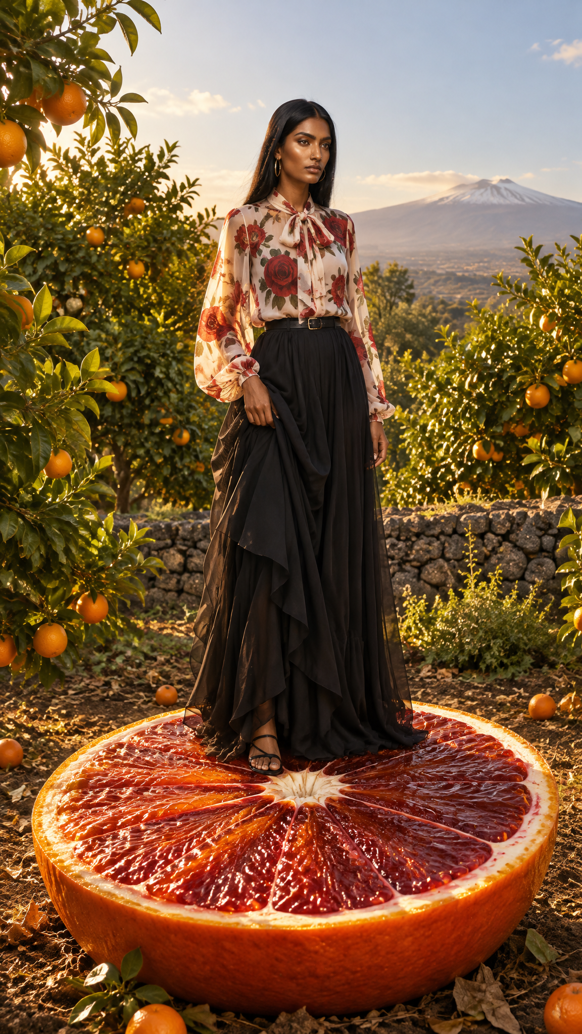 Model on a giant halved blood orange in a citrus grove with glossy, plastic-looking skin, made with GPT Image 2.5 Sunburst