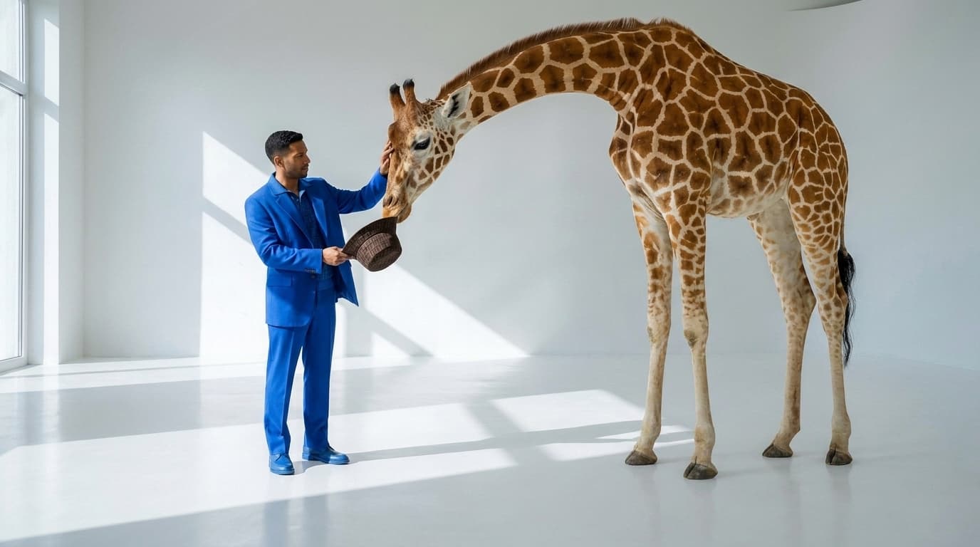 Giraffe bending its neck down to hand a brown hat to a man in a blue suit, made with Nano Banana Pro