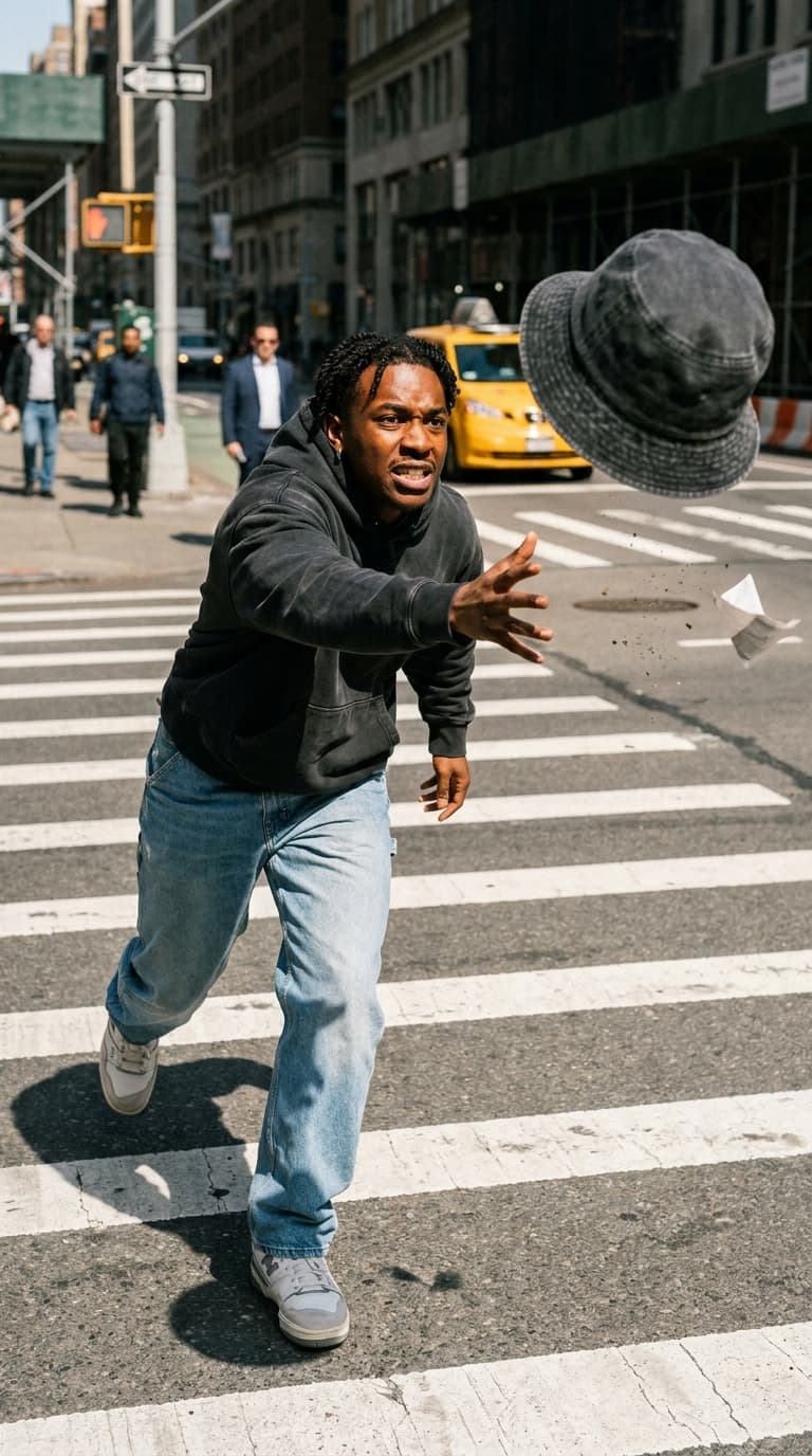 Young man in a black hoodie lunging after a bucket hat on a sunny city crosswalk, phone-camera look, made with Nano Banana Pro