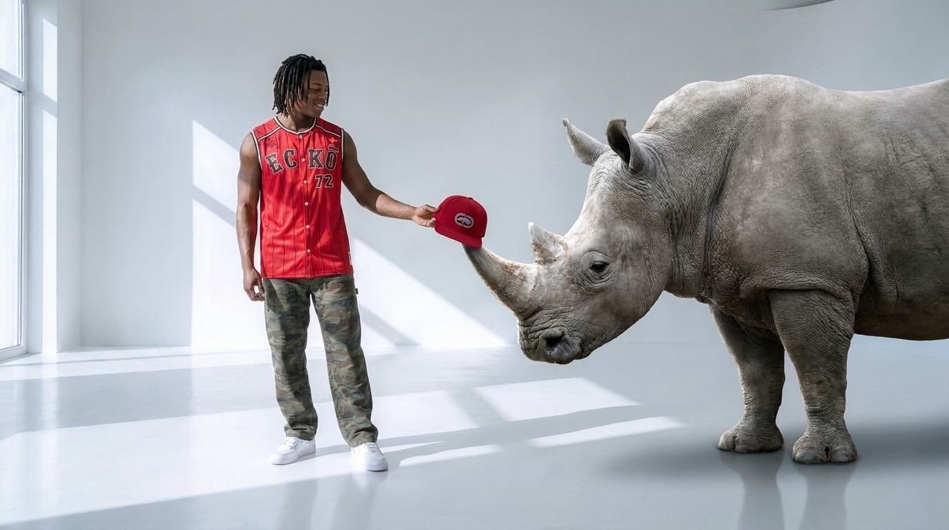 Re-lit grey rhino offering a red cap on its horn to a man in a white studio, made with Nano Banana Pro