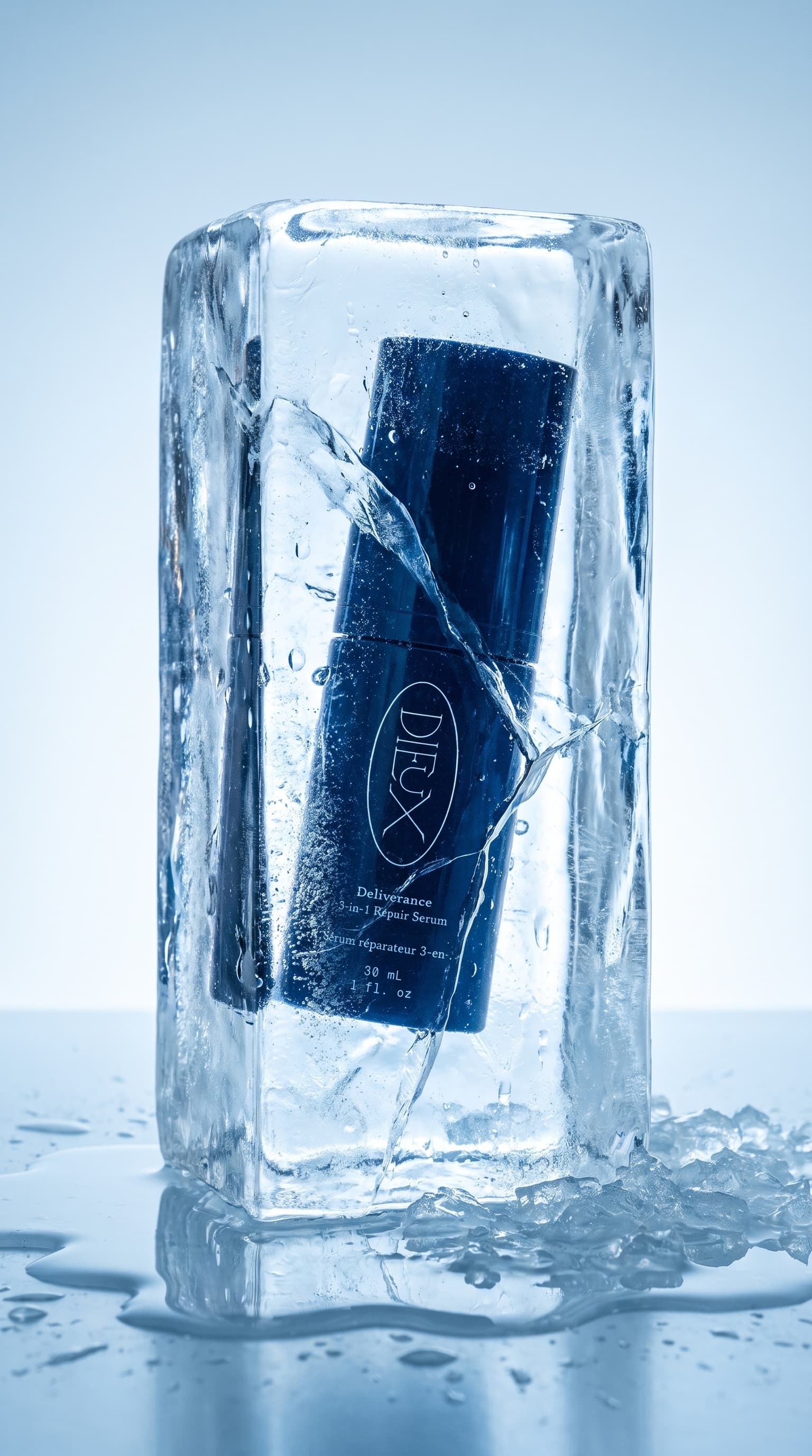 Navy serum bottle frozen at a tilt inside a cracked, backlit block of ice with crushed ice around it, made with Nano Banana Pro