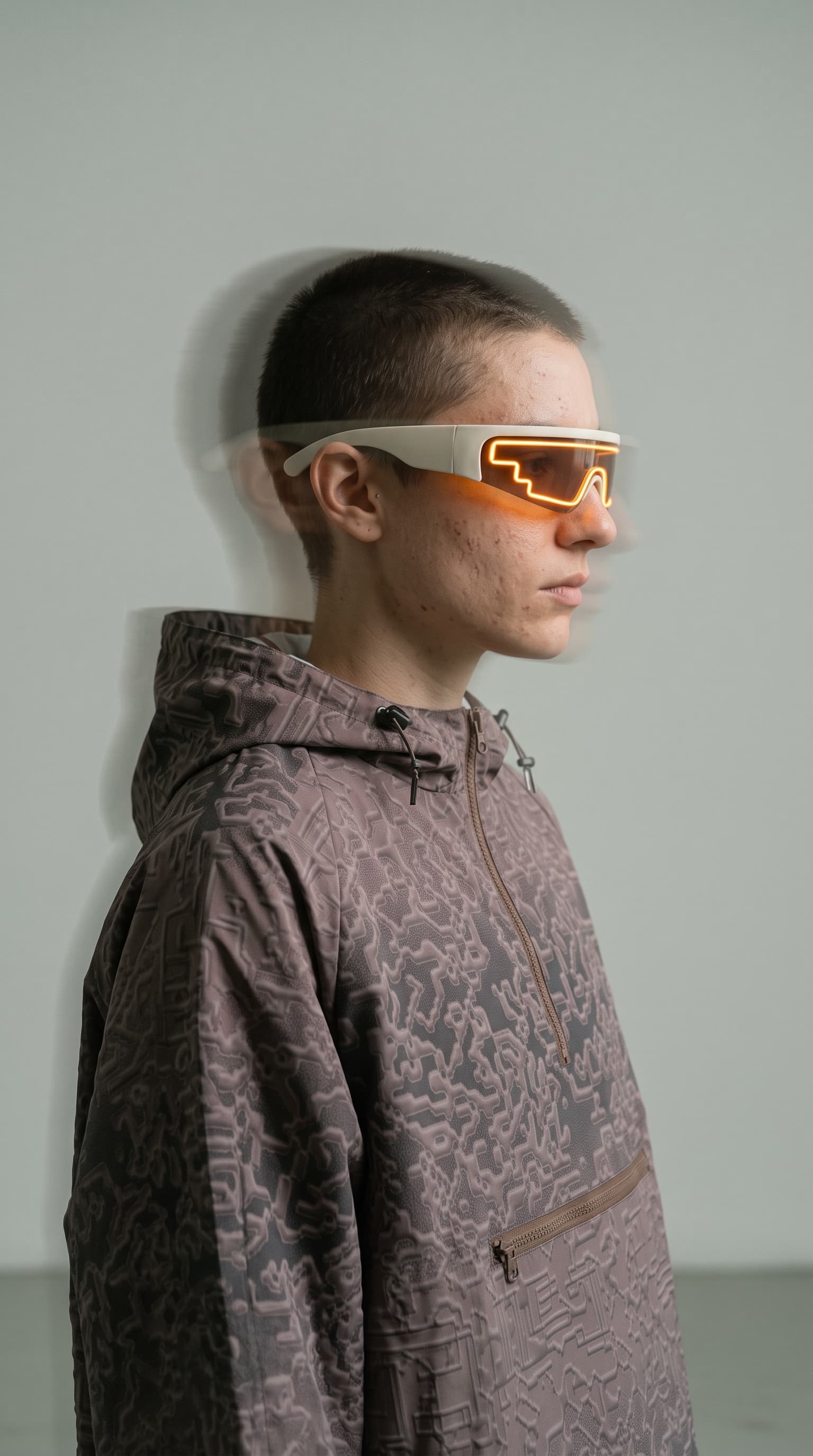 Side profile in a circuit-pattern anorak with an amber LED visor and motion ghosting on grey, made with gemini