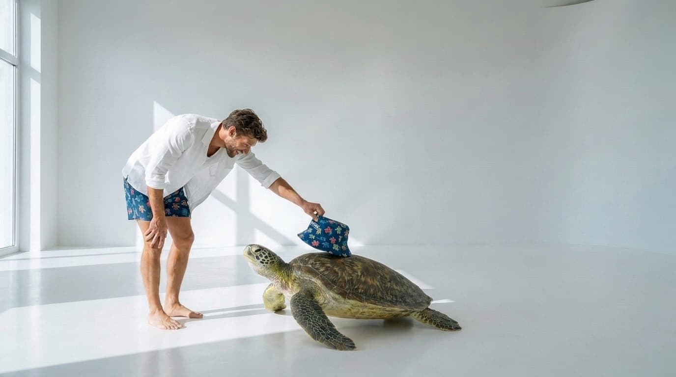 Man lifting a turtle-print bucket hat off the shell of a green sea turtle, made with Nano Banana Pro
