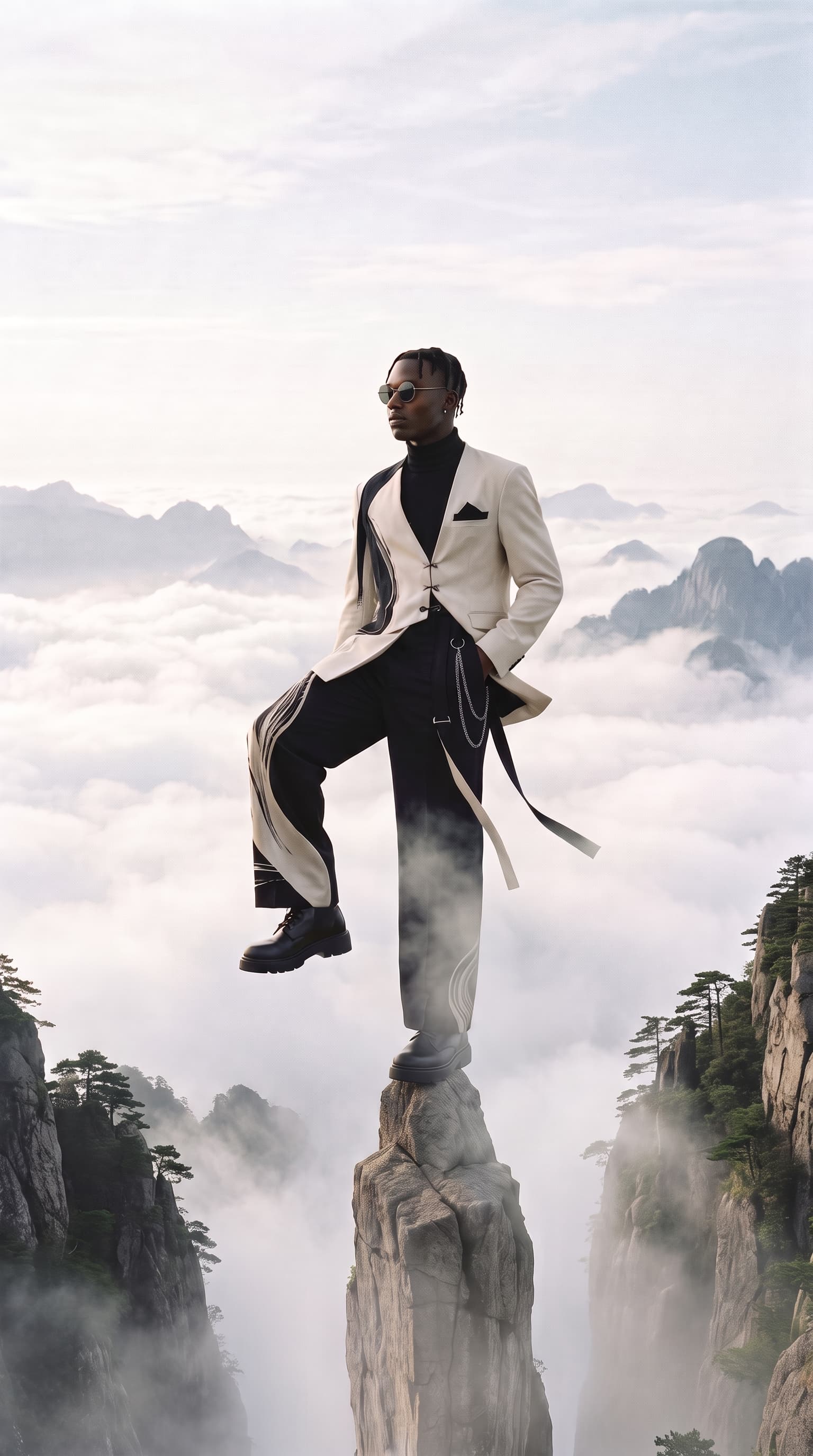 Man on a broad rock pillar above clouds with one foot raised as if on an invisible stool, made with Nano Banana Pro