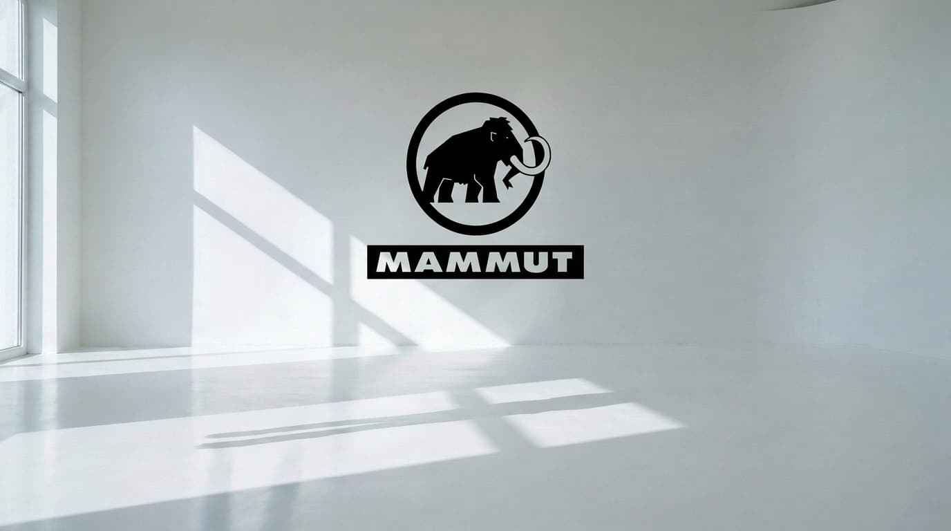 Empty white studio with the black Mammut mammoth logo on the wall, made with Nano Banana Pro