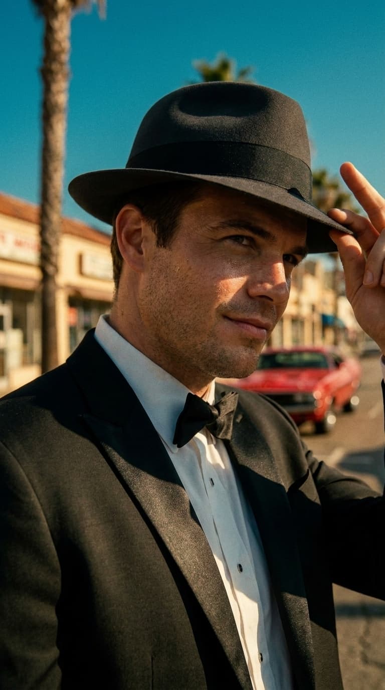 Close-up of a man in a tuxedo touching the brim of his black felt hat, made with Nano Banana Pro