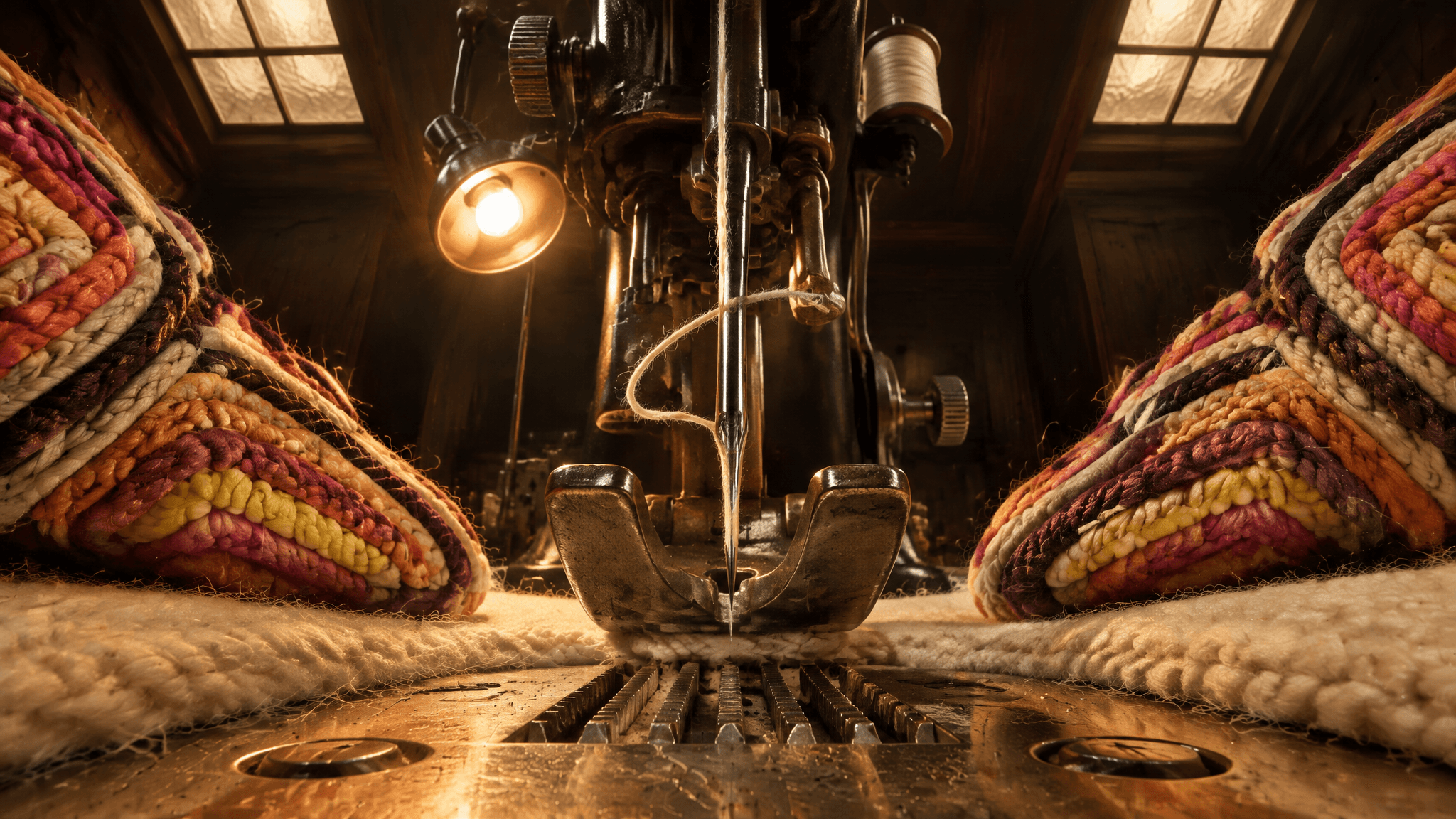 Low view of a needle and presser foot between cord-coiled gloves, made with GPT Image 2.5 Sunburst