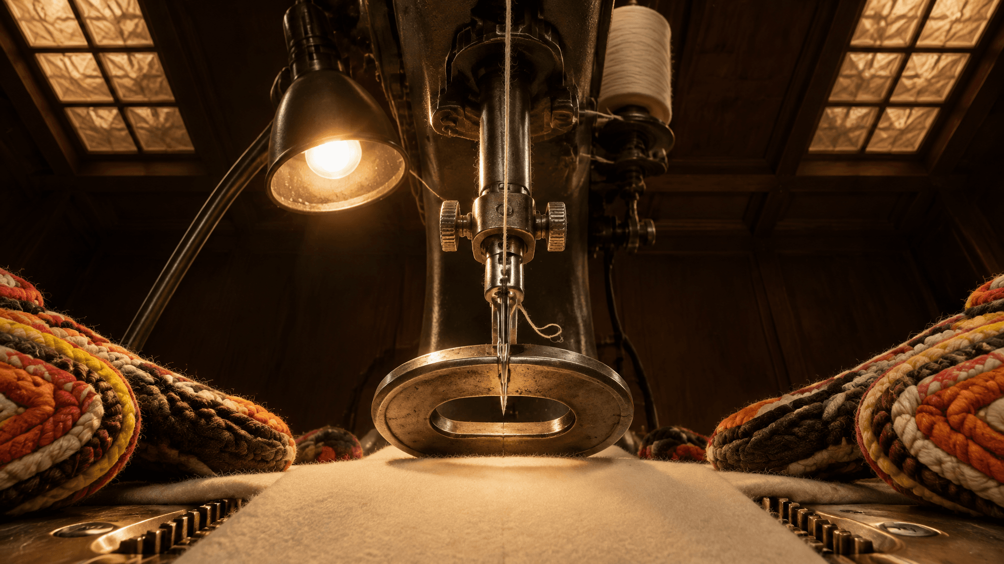 Low-angle view up at a sewing machine needle between cord-coiled gloves, made with GPT Image 2.5 Sunburst