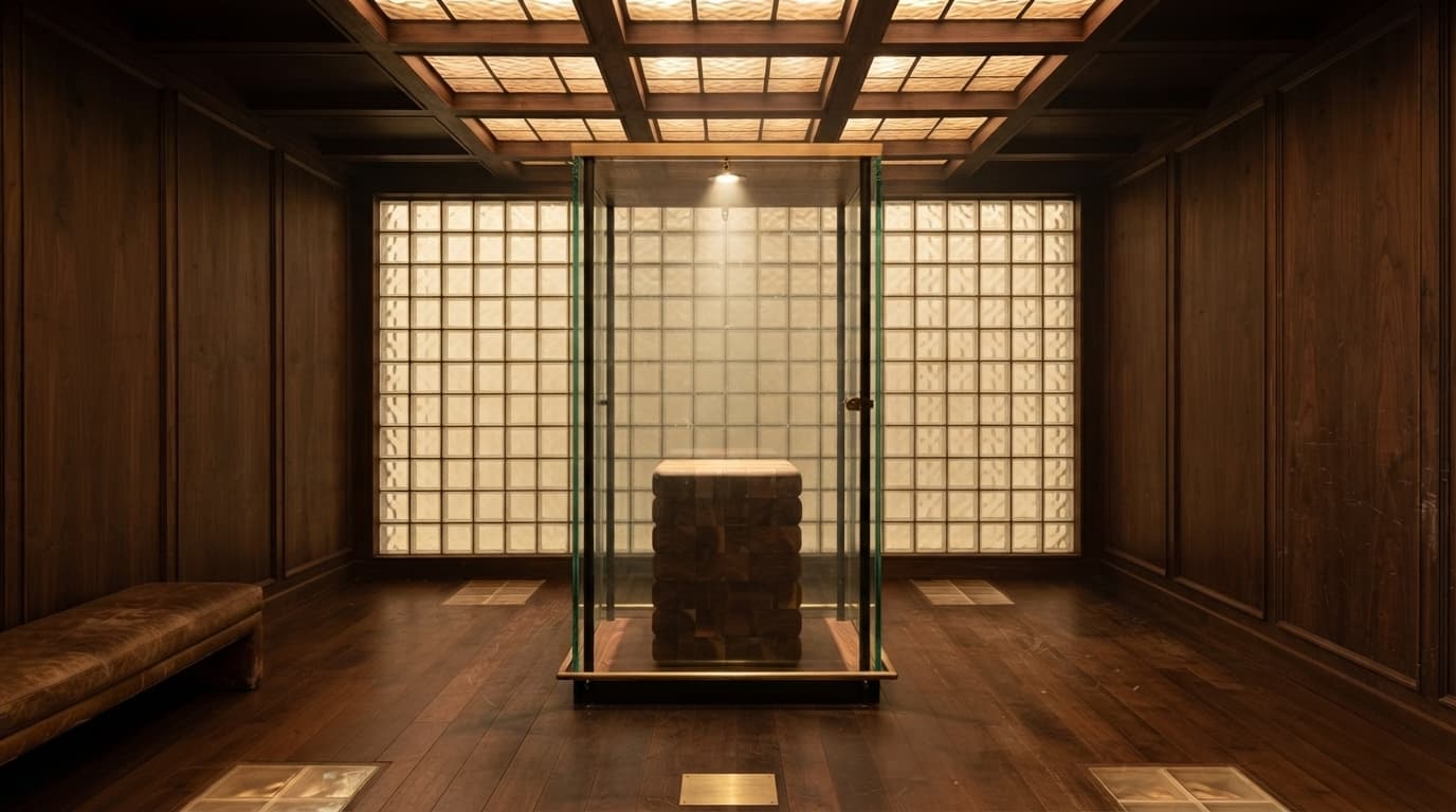 Walnut display room with a glass case and an empty plinth, made with Nano Banana 2 Lite