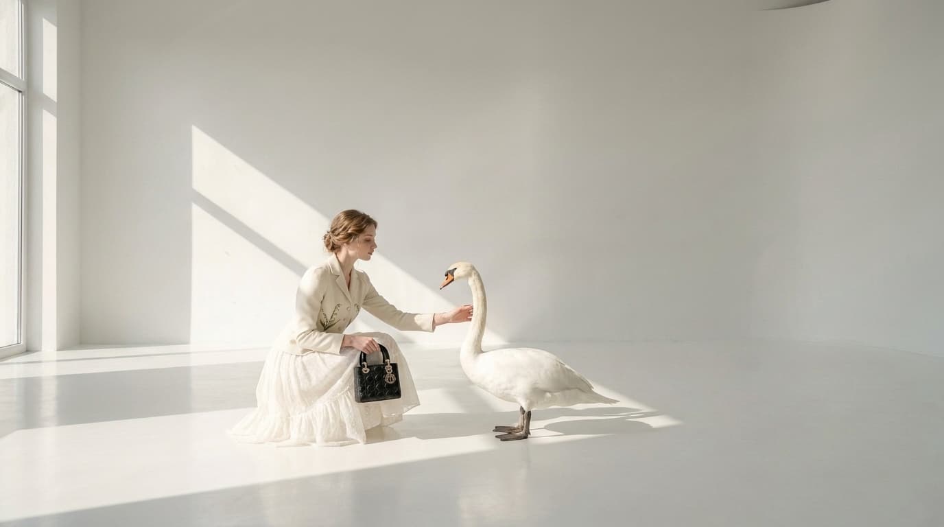Woman in ivory crouching with a black handbag, stroking the neck of a white swan, made with Nano Banana Pro