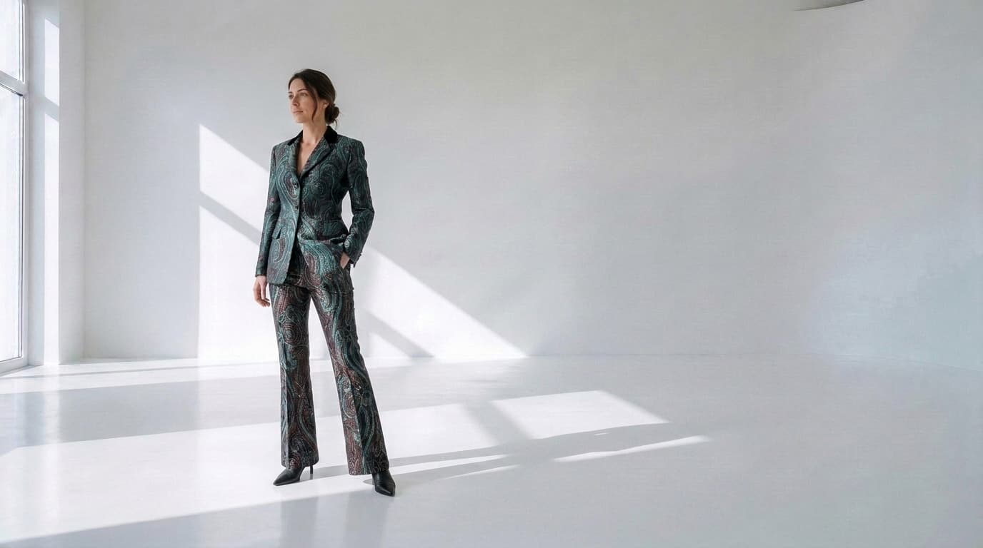 Woman in a teal and oxblood paisley suit standing in a sunlit white studio, made with Nano Banana Pro