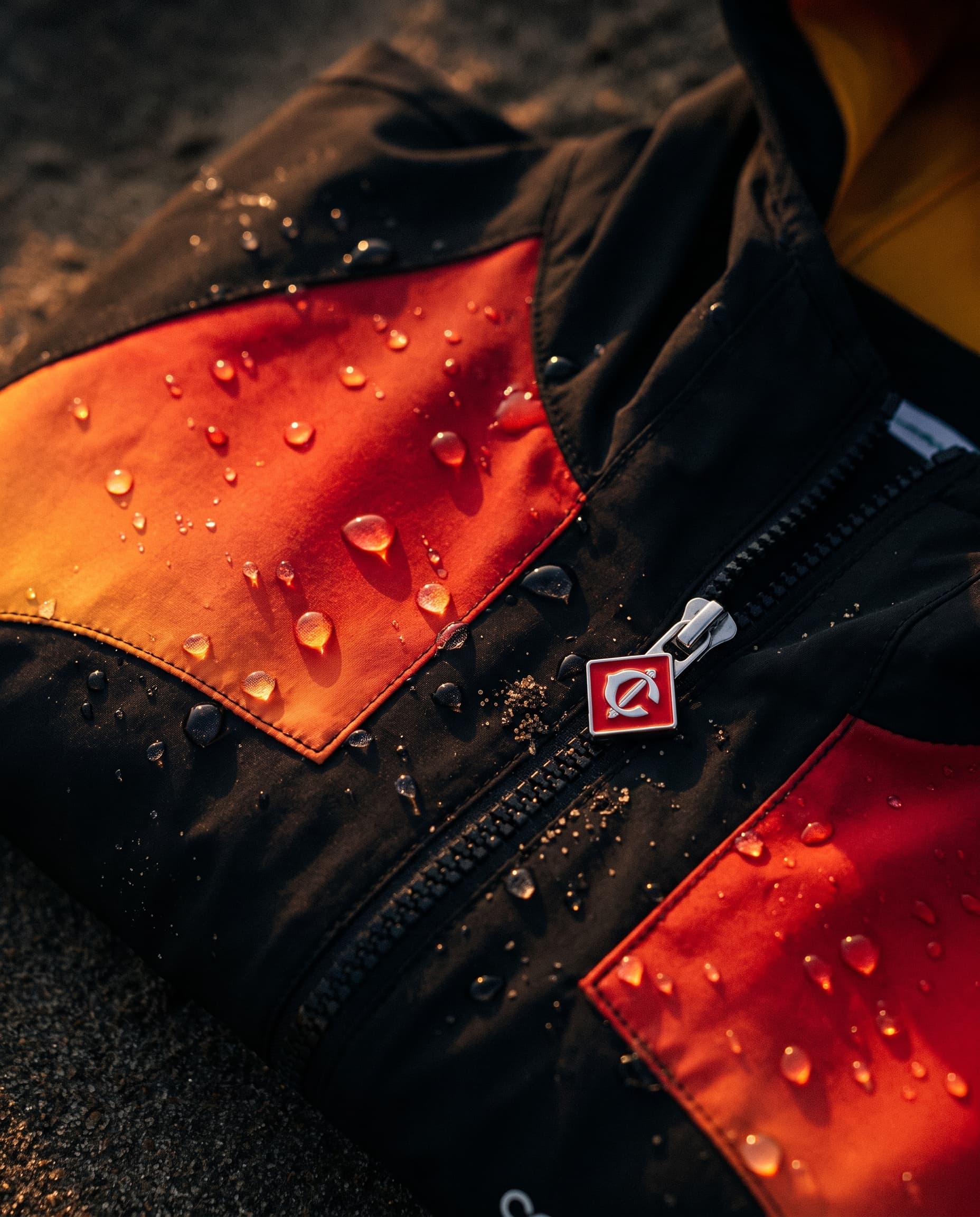 Macro of a black jacket's zip and red diamond zip pull with water droplets on orange panels, on dark sand, made with Nano Banana Pro