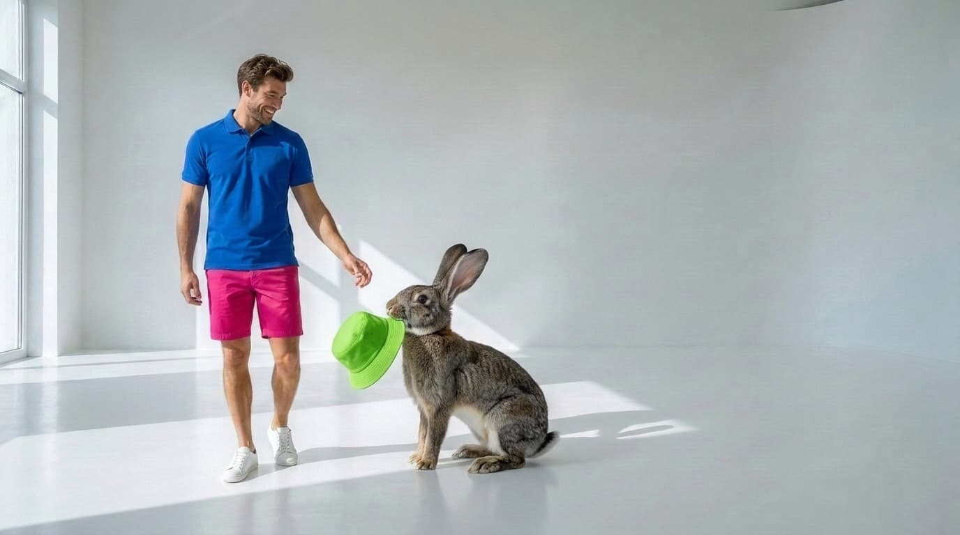 Large Flemish Giant rabbit presenting a lime-green bucket hat to a man in a blue polo, made with Nano Banana Pro