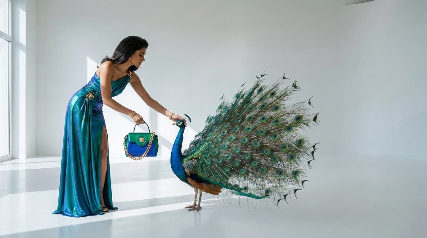Peacock with its tail fanned beside a woman in a teal gown holding a jewel-toned bag, made with Nano Banana Pro