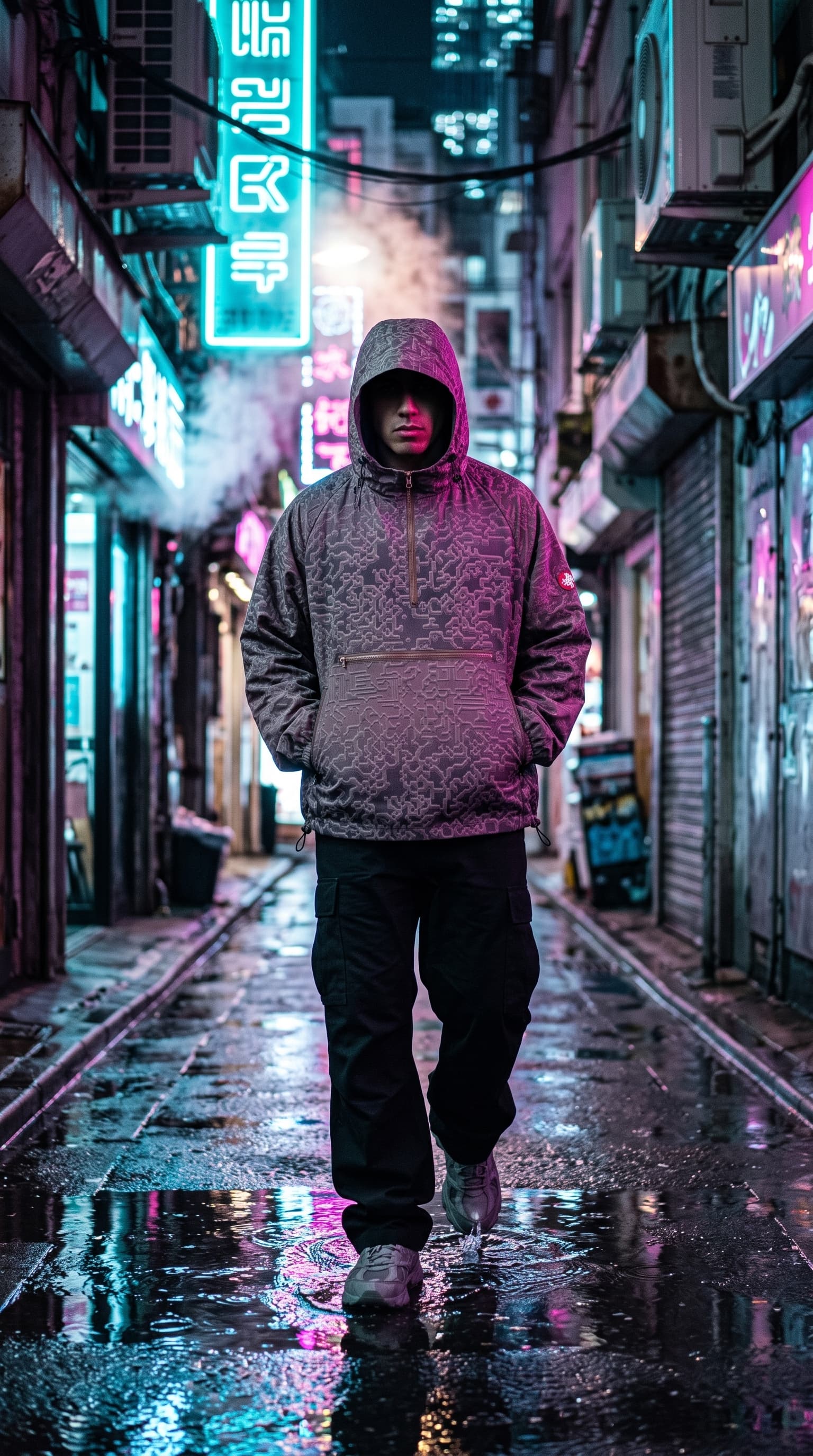 Hooded man in a circuit-pattern anorak walking through a wet neon alley, made with gemini