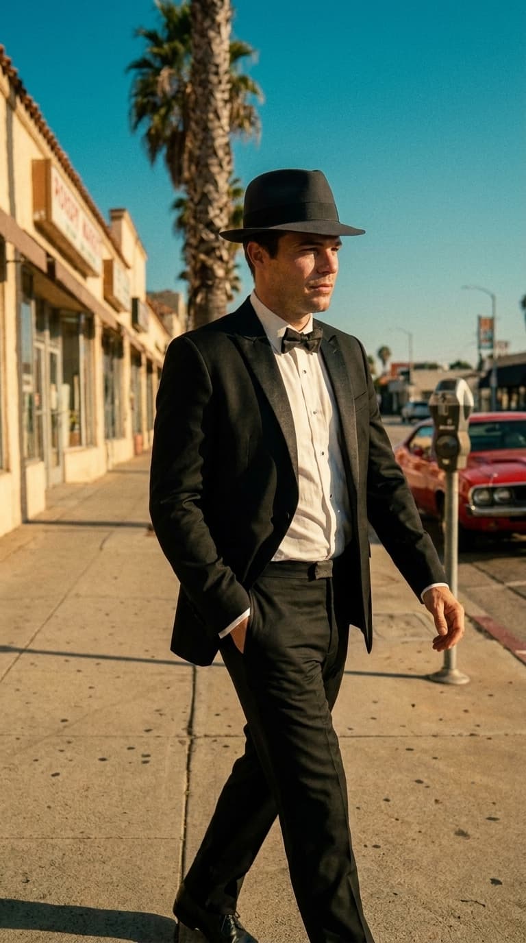 Man in a fedora walking down a sunny 1970s-style boulevard sidewalk past a red muscle car, made with Nano Banana Pro