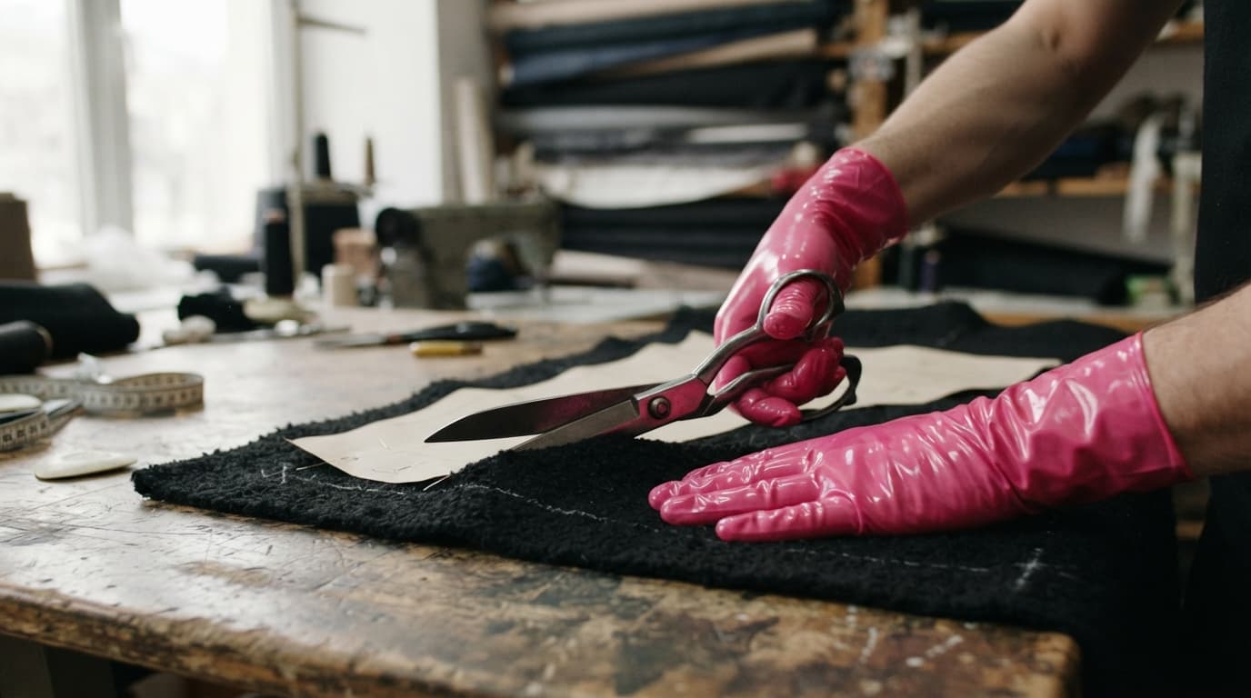 Glossy pink latex gloves cutting black wool with tailor's shears, made with Nano Banana 2 Lite